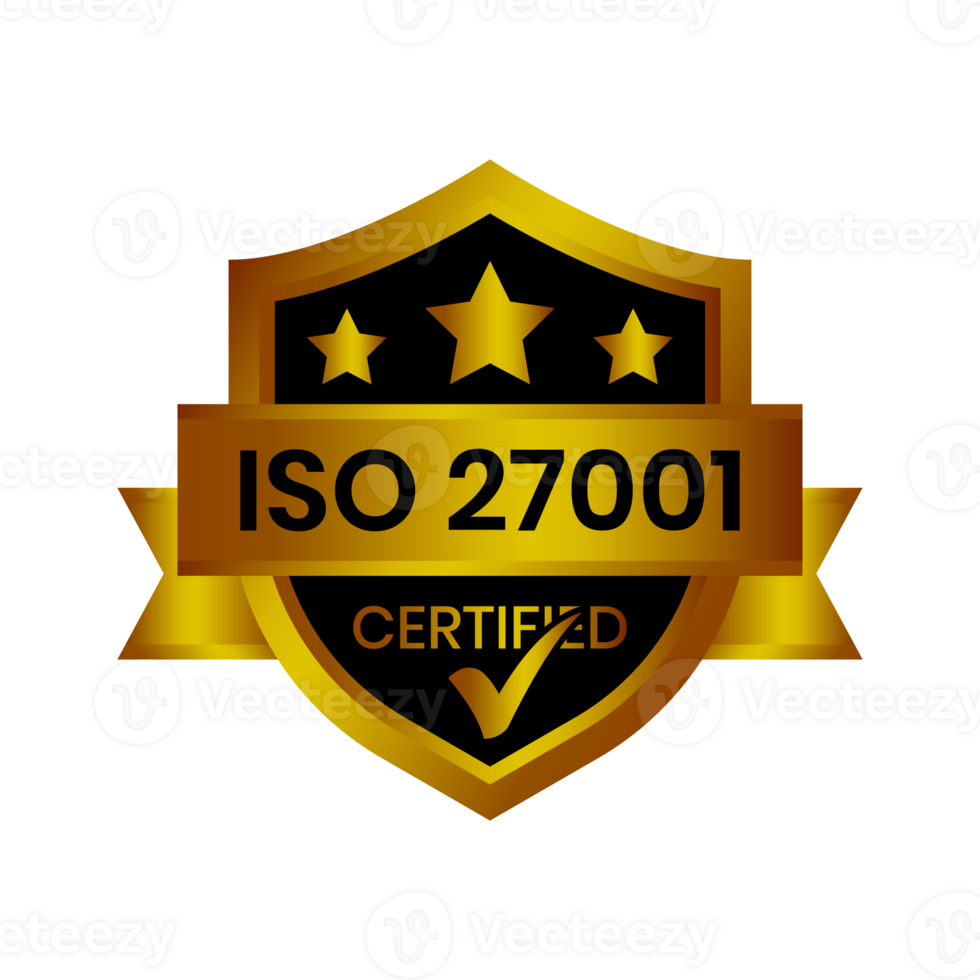 Golden ISO 27001 Certified Badge Or Information Security Management System, ISO 27001  Icon, Rubber Stamp, Seal, Label, Emblem, With Check Mark, Glossy And Golden Badge Transparent png