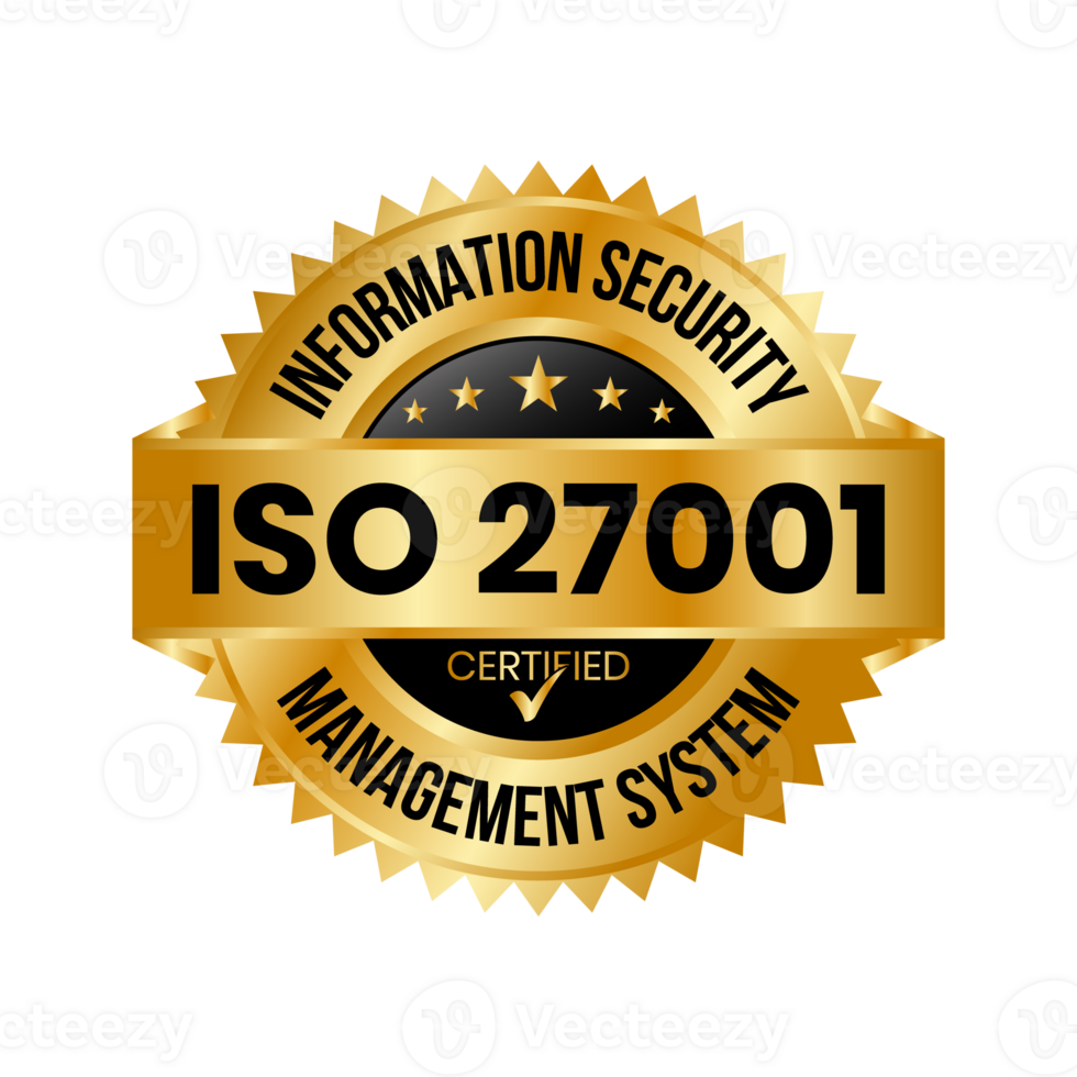 gouden iso 27001 gecertificeerd insigne of informatie veiligheid beheer systeem, iso 27001 icoon, rubber stempel, zegel, label, embleem, met controleren markering, glanzend en gouden insigne transparant png