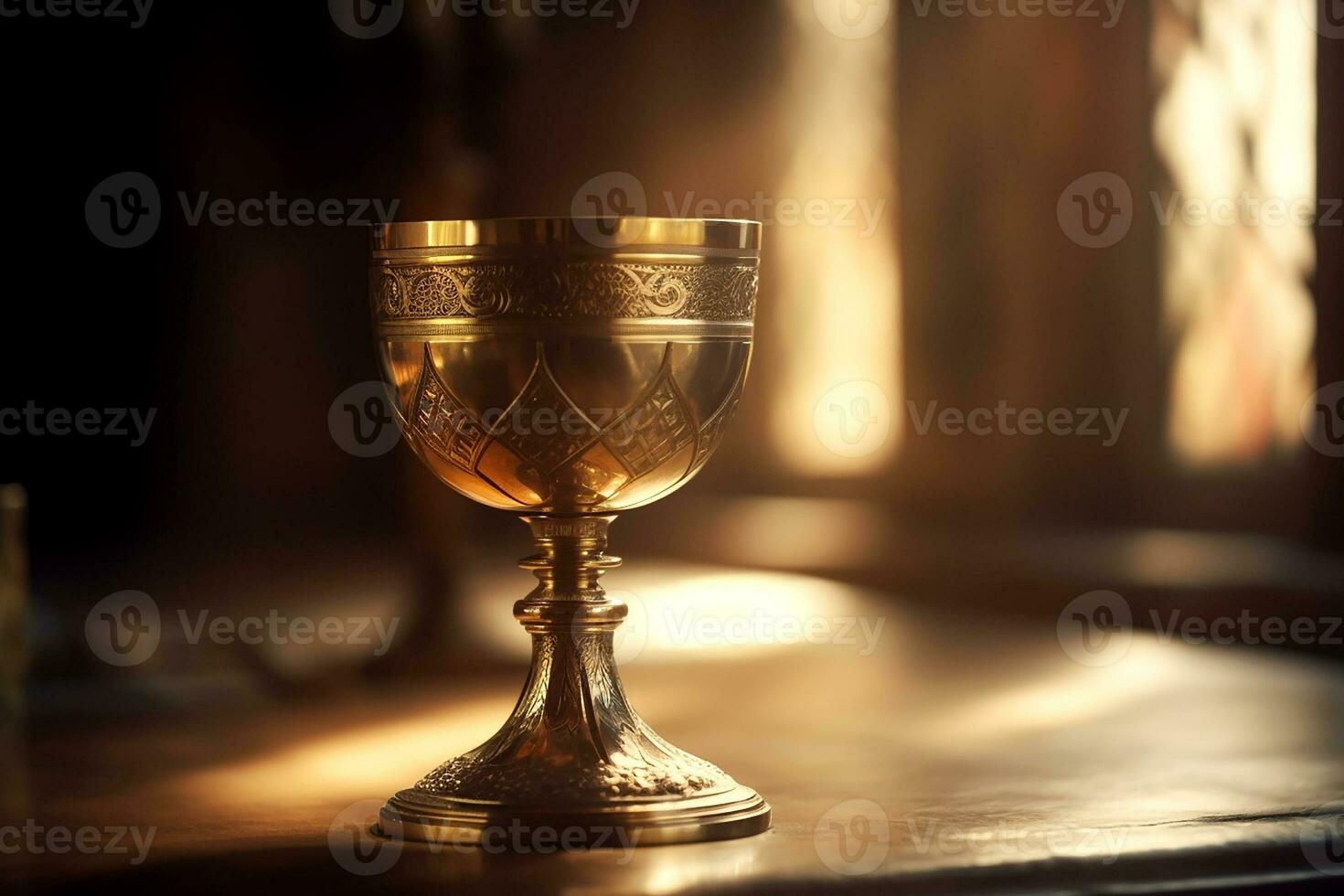 Golden chalice of wine on blurred sunlight curch background. Generative AI. photo