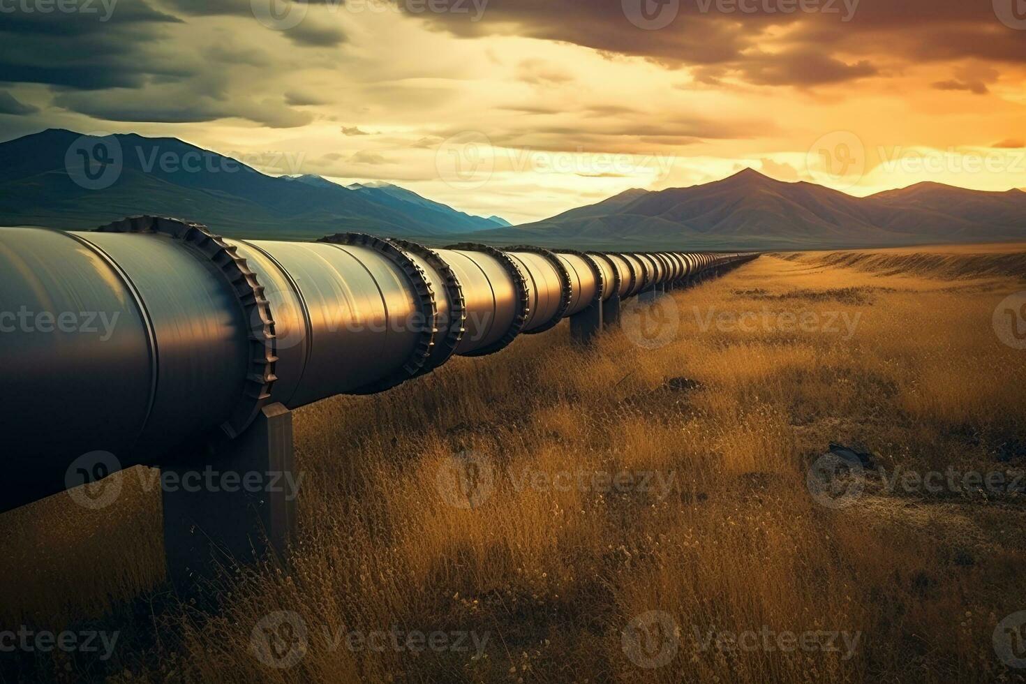 Oil pipeline running through a field towards a mountain in the distance. photo