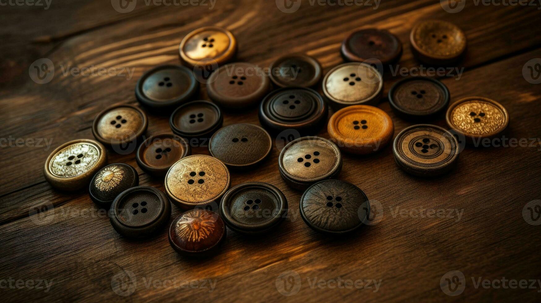 Collection of different multi colored buttons on wood photo