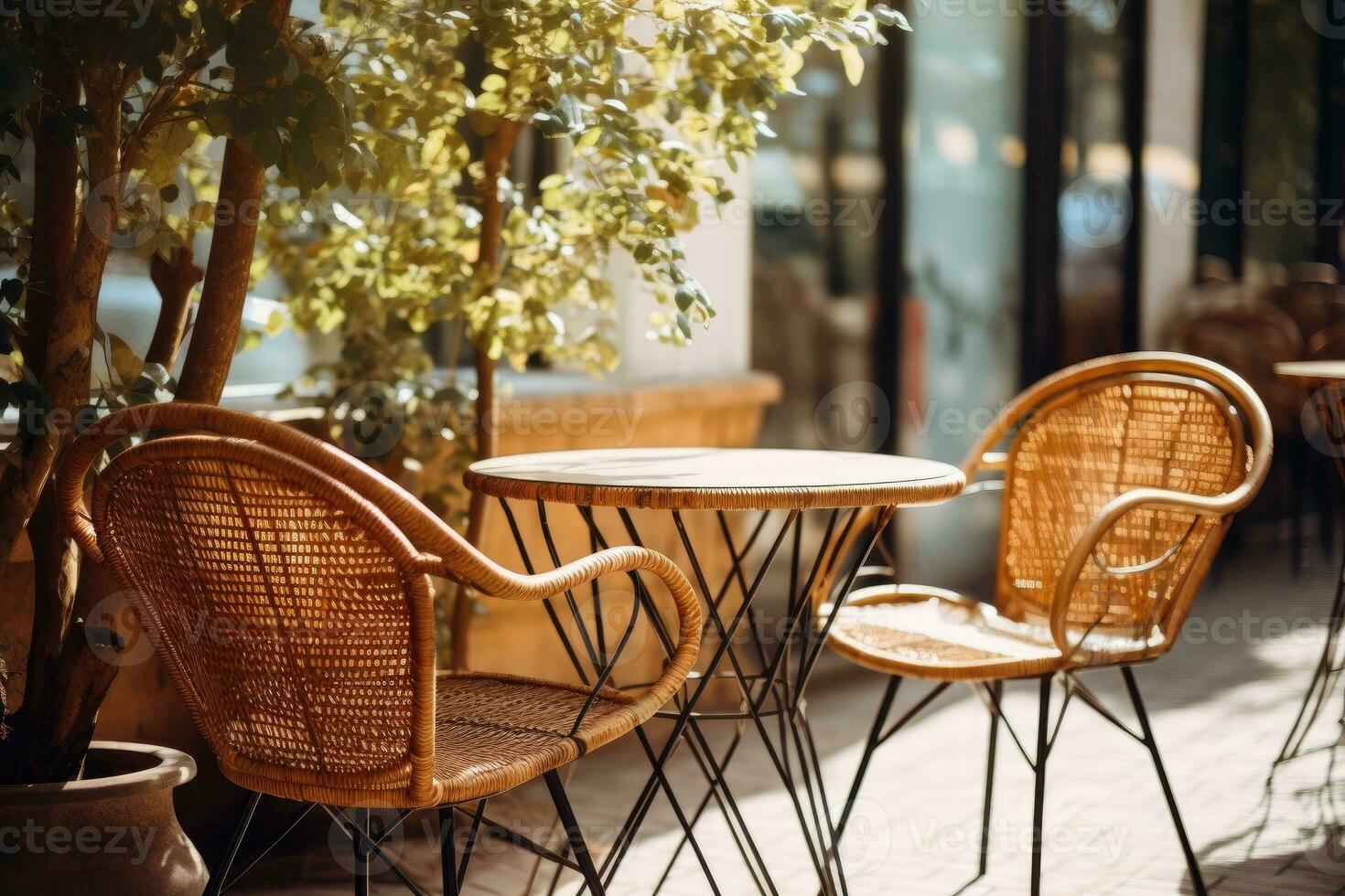 Wicker chairs and a metal table in an outdoor summer cafe photo