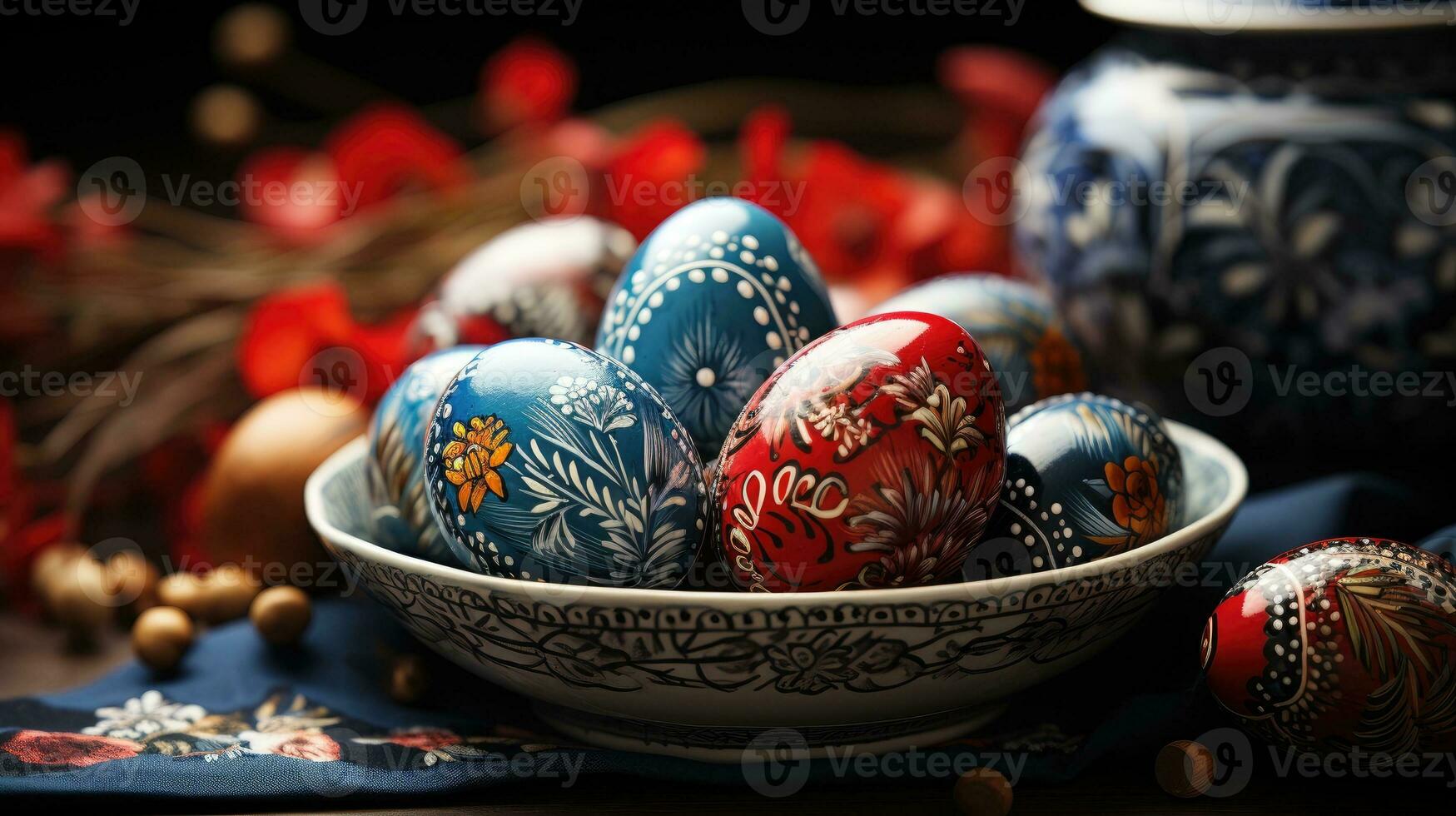 Elegant traditional spring decoration adorned with Easter eggs. Generative AI. photo