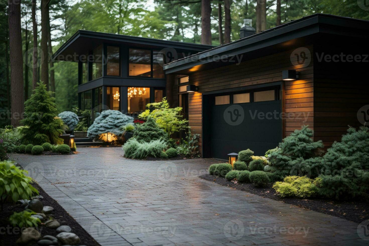 Garage door with a driveway in front. photo