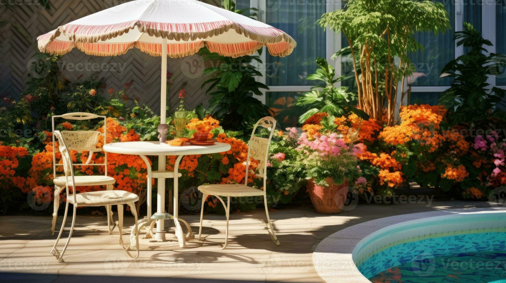 Cafe table with chair and parasol umbrella in the garden photo