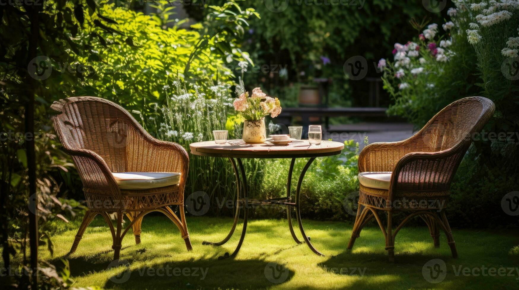 mimbre sillas y un metal mesa en un al aire libre verano jardín. foto