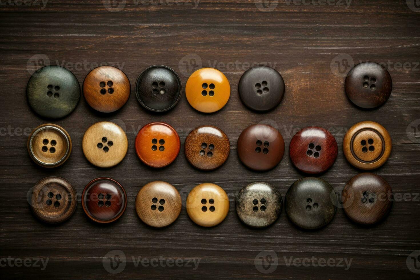 Collection of different multi colored buttons on wood photo