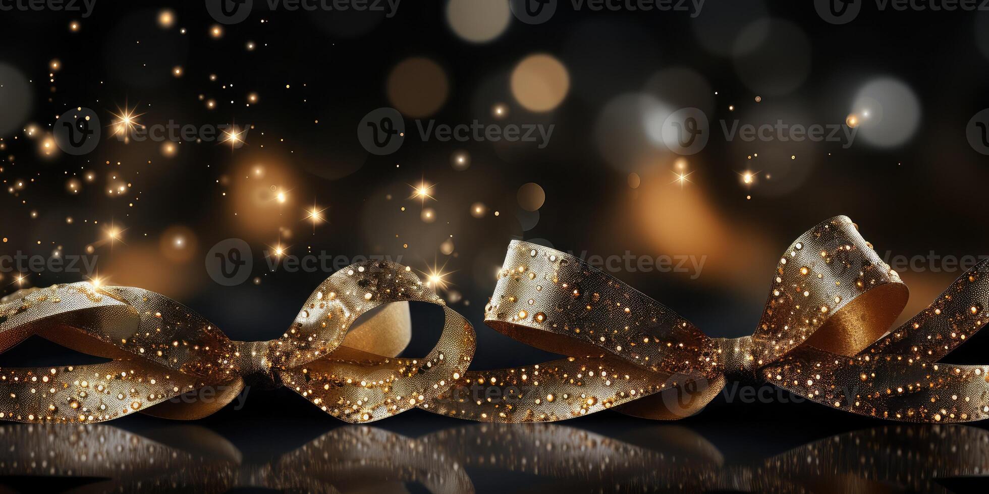 golden ribbon and christmas lights on a black background . photo