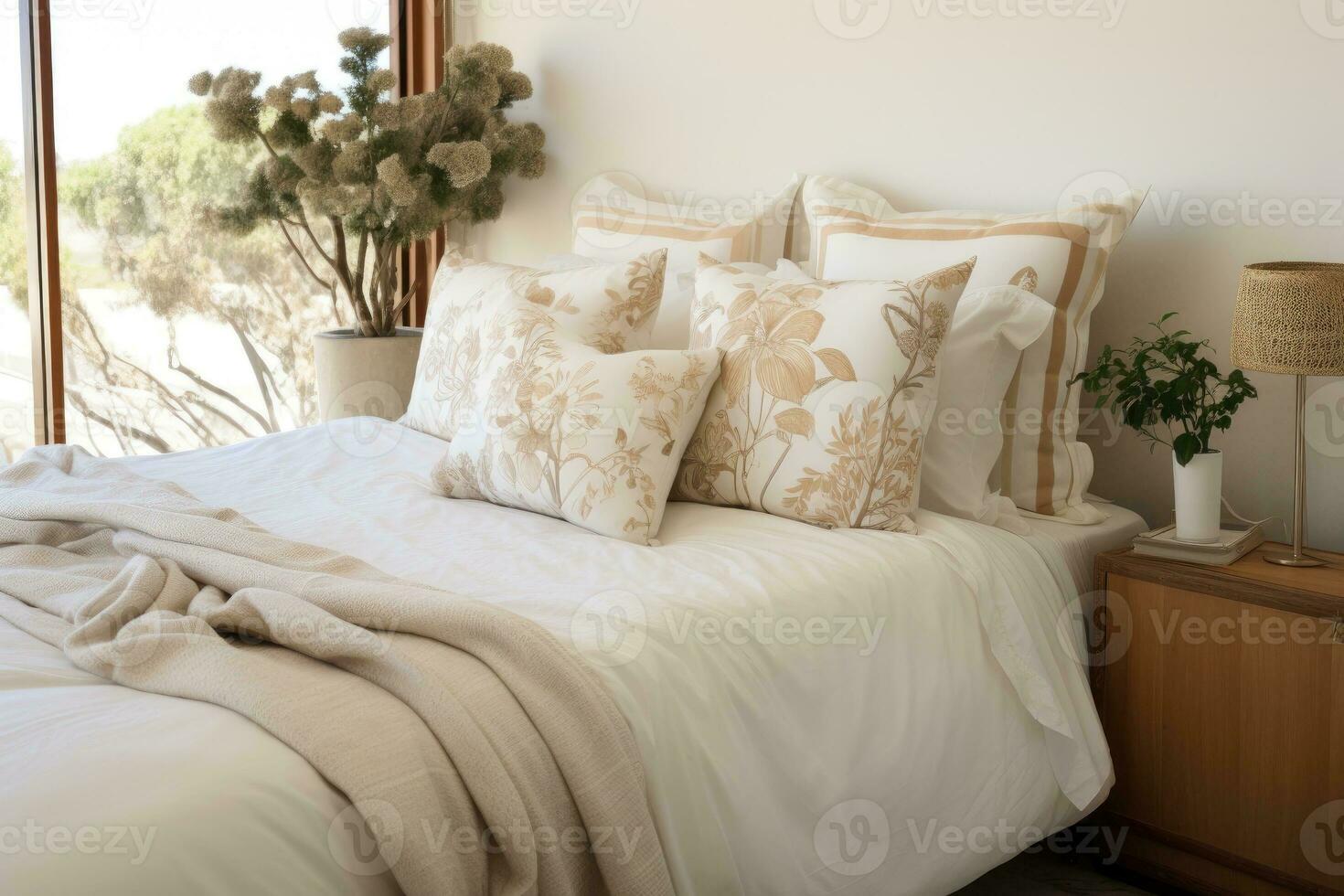 Double bed with duvet and cushions and decors. photo