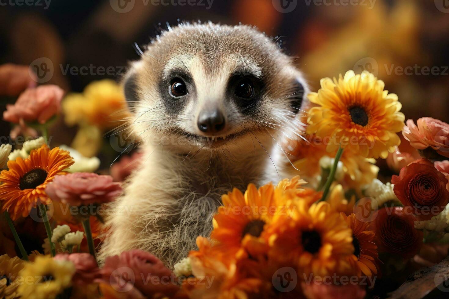 Image of meerkat with colorful flowers. photo