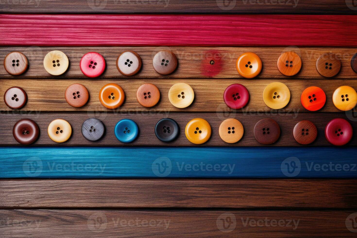 Collection of different multi colored buttons on wood photo