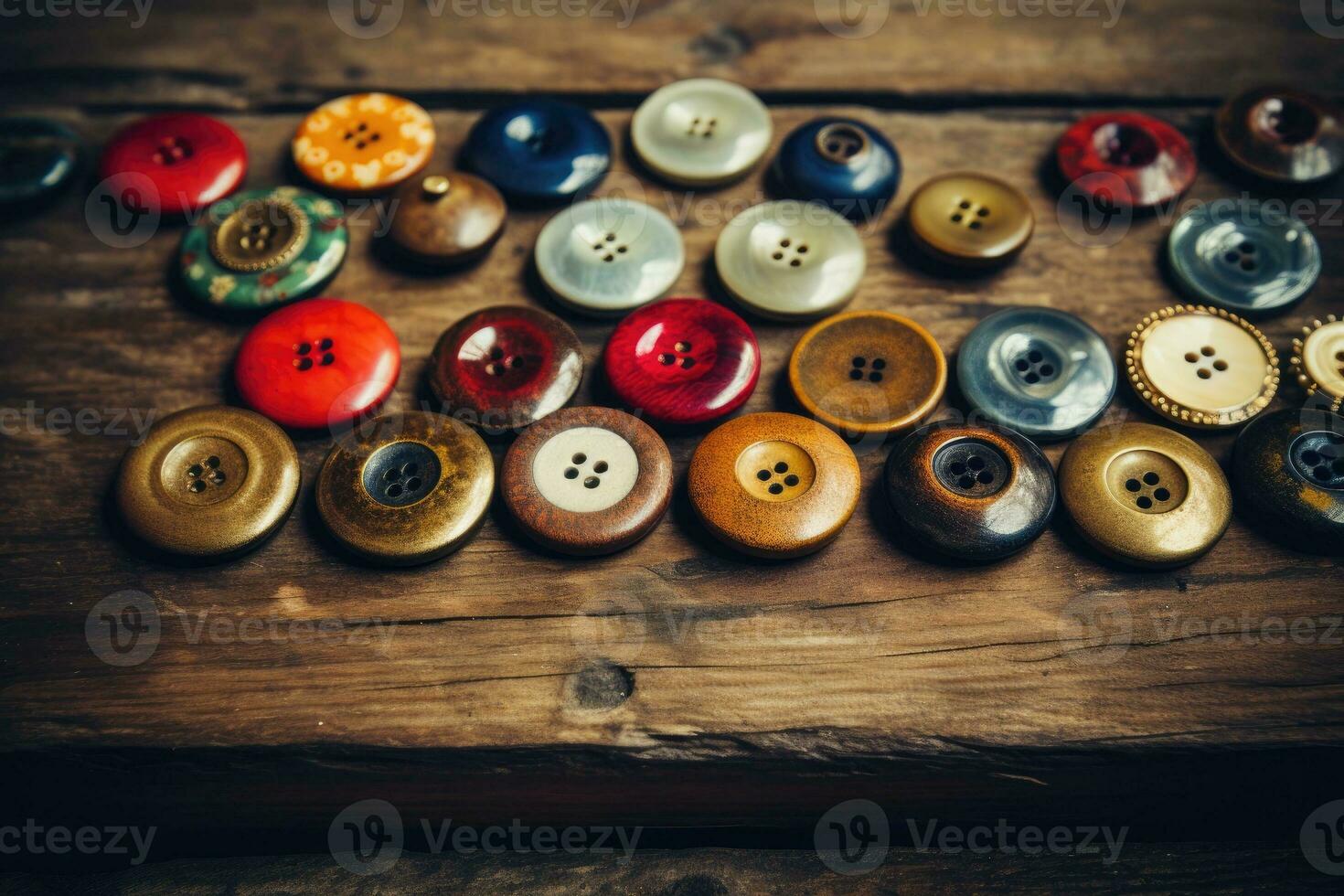 Collection of different multi colored buttons on wood photo