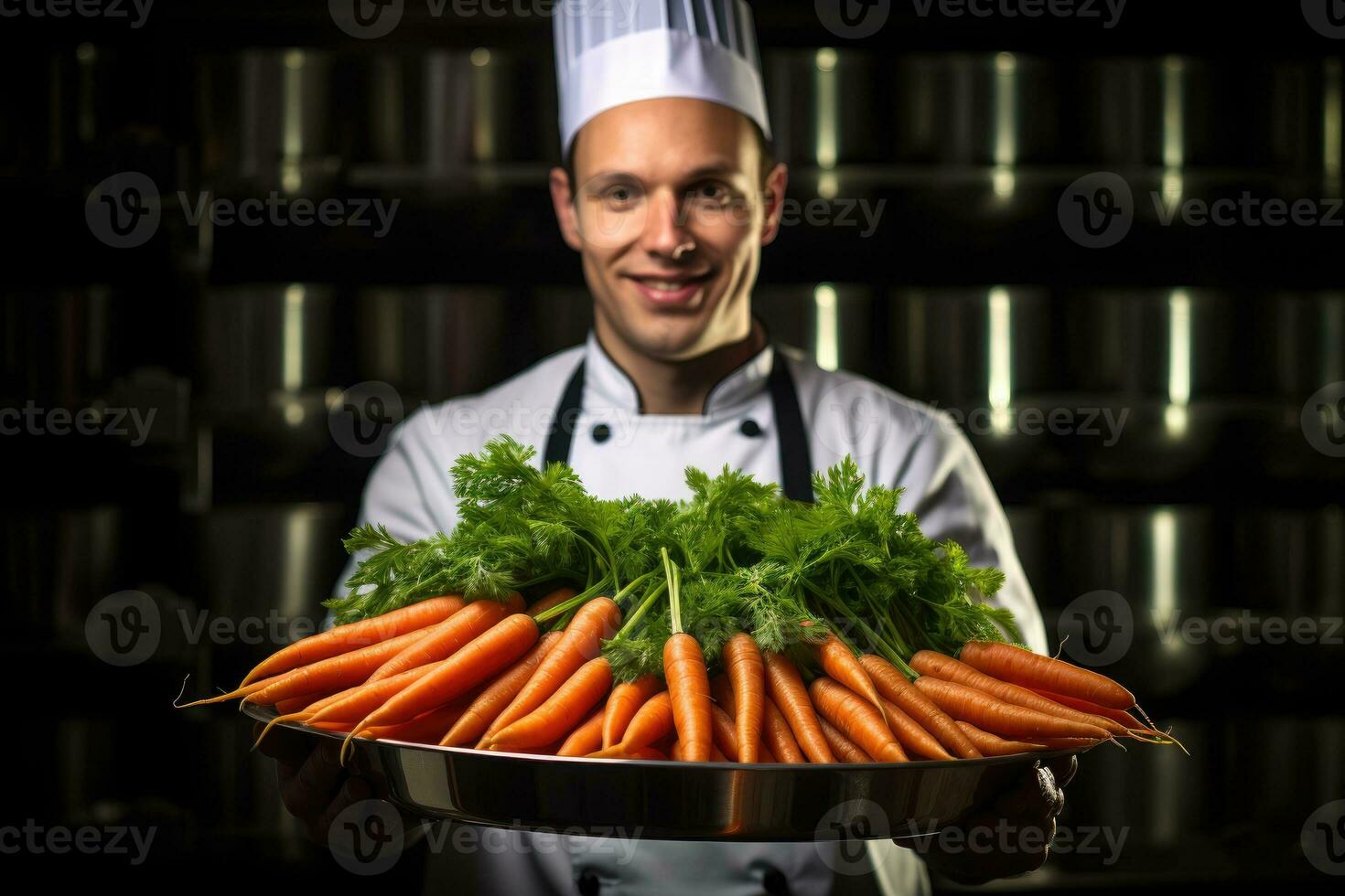 Chef holding a tray full of carrots inside a kitchen. photo