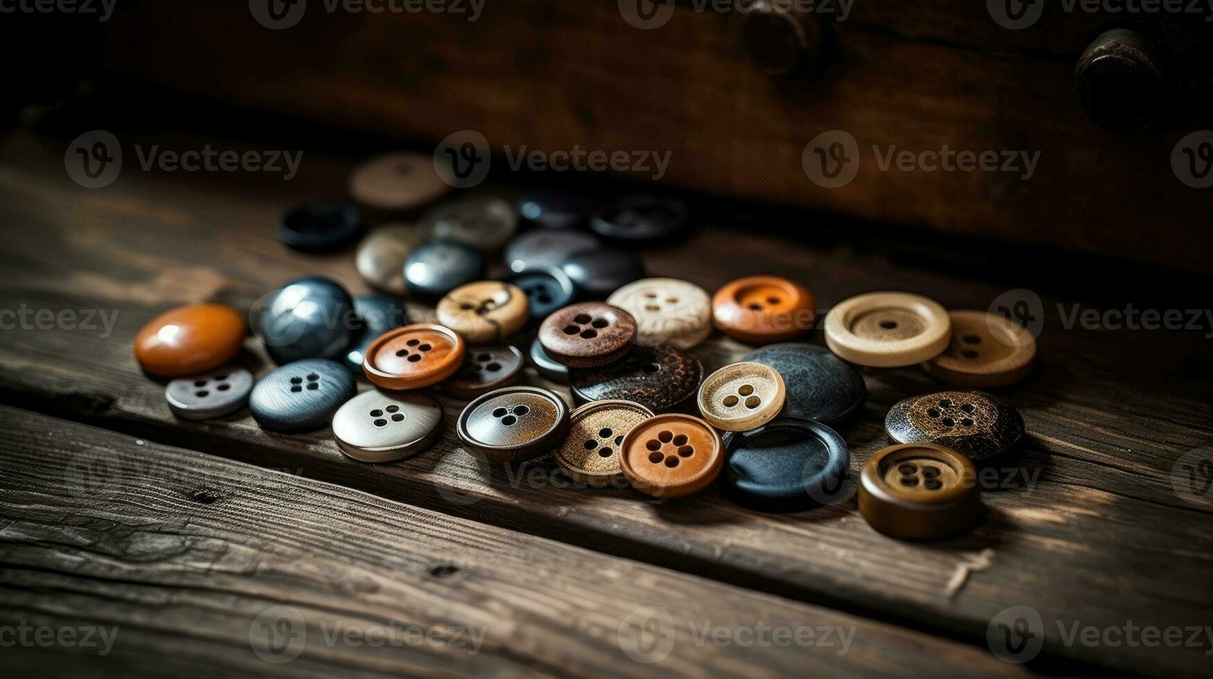 Collection of different multi colored buttons on wood photo