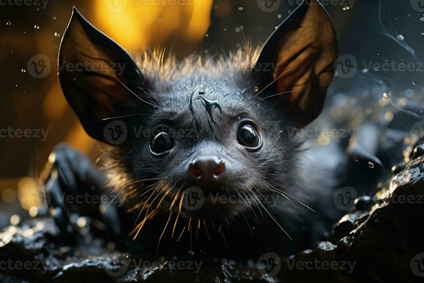 Greater scary mouse-eared bat isolated in black photo