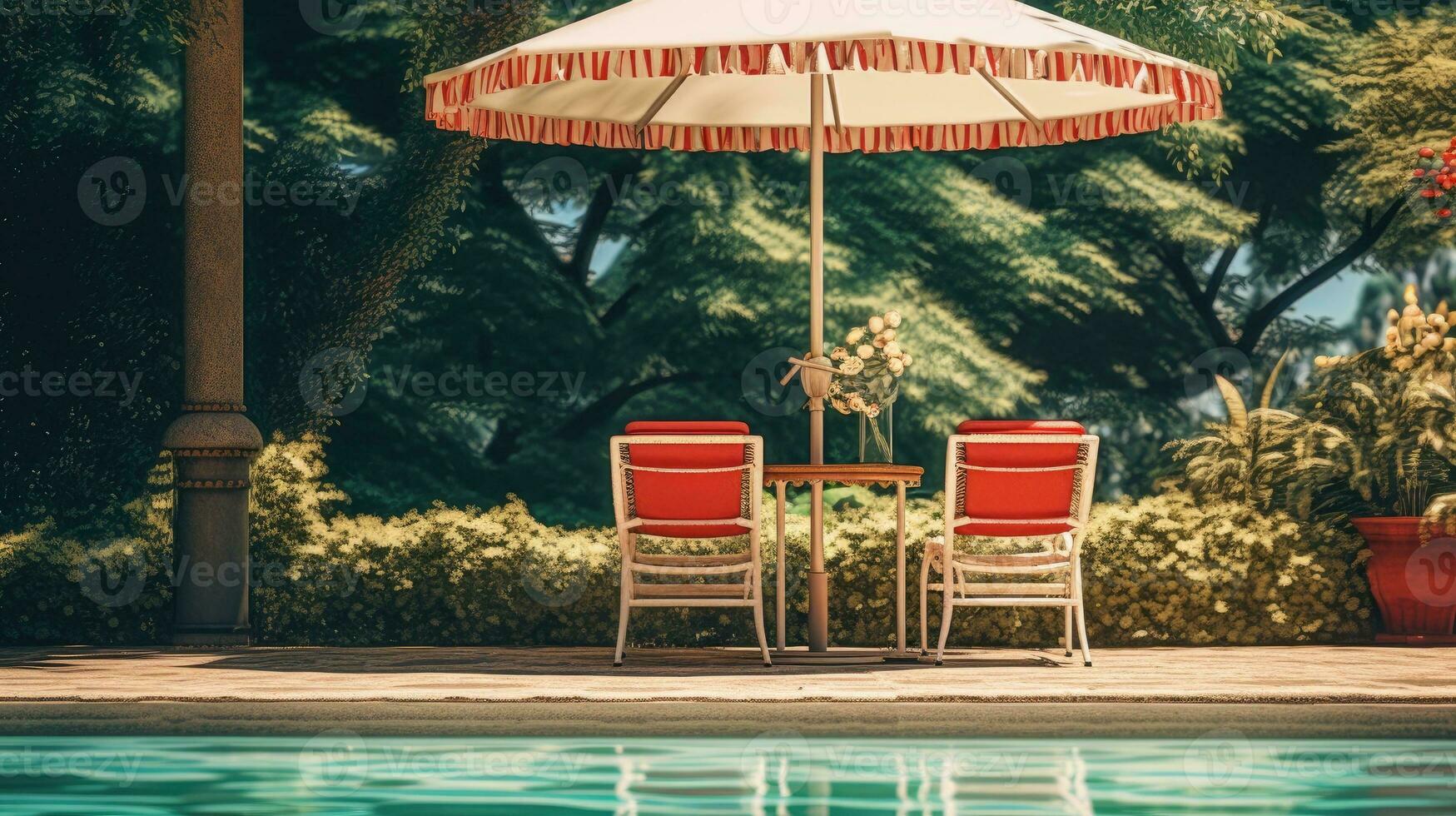 Cafe table with chair and parasol umbrella in the garden photo