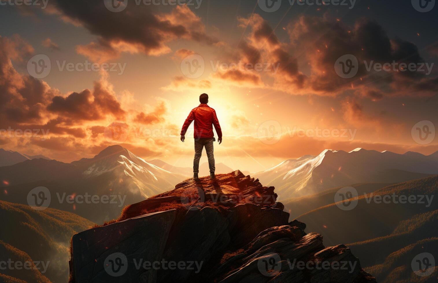 The silhouette of a tourist standing with his arms outstretched the golden glow of the morning sun on the mountaintop. Standing up to achieve success. photo