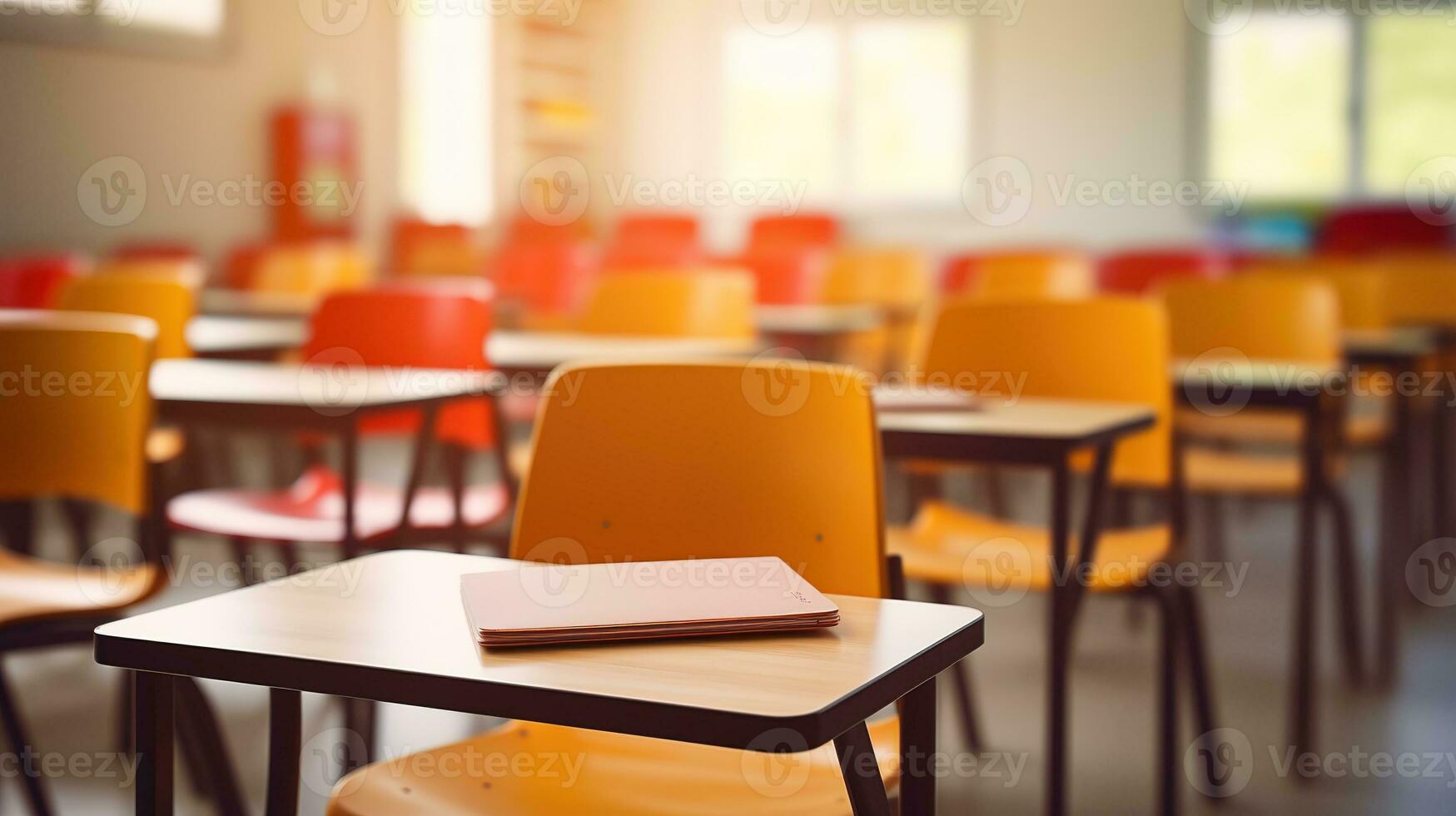 School classroom in blur background without young student. Blurry view of elementary class room no kid or teacher with chairs and tables in campus. Back to school concept. Generative AI photo