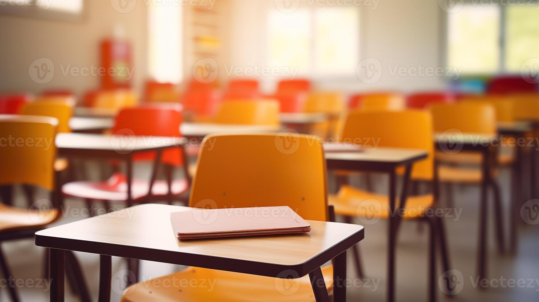 School classroom in blur background without young student. Blurry view of elementary class room no kid or teacher with chairs and tables in campus. Back to school concept. Generative AI photo