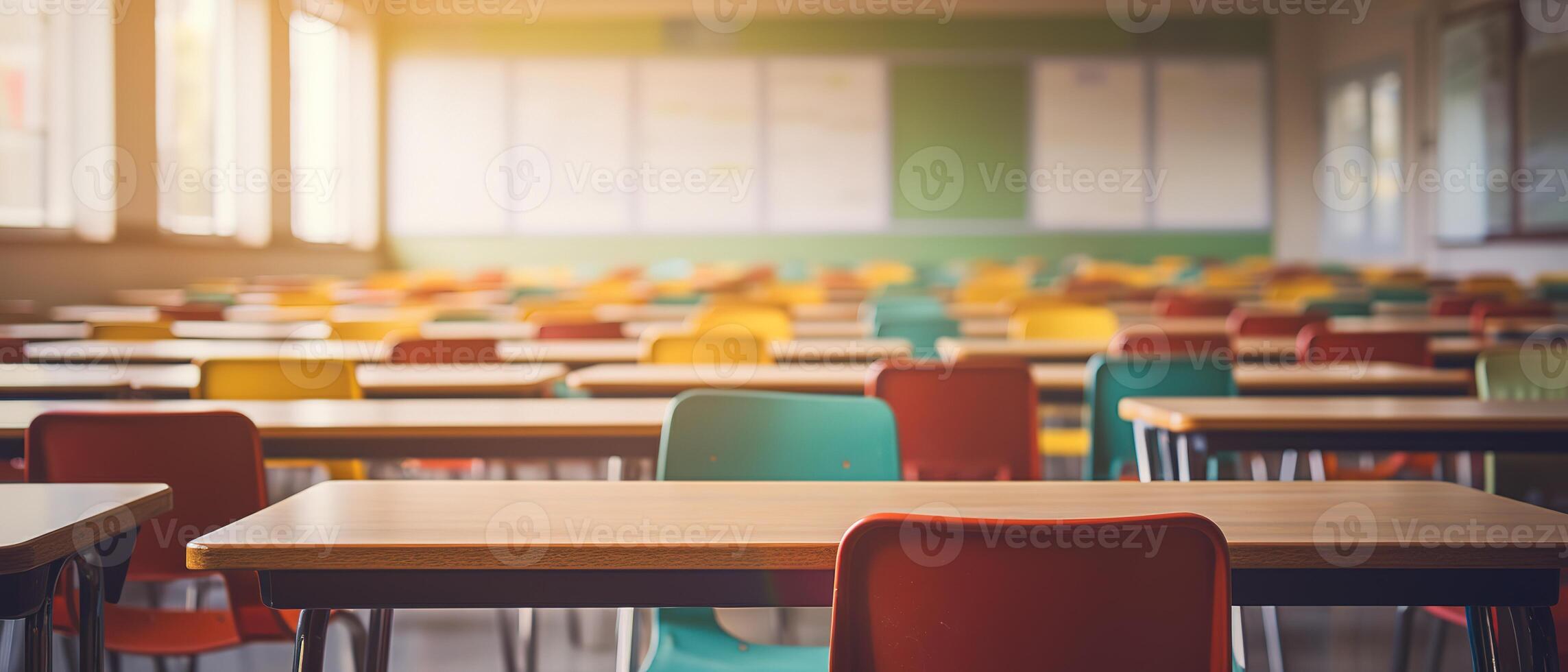 School classroom in blur background without young student. Blurry view of elementary class room no kid or teacher with chairs and tables in campus. Back to school concept. photo