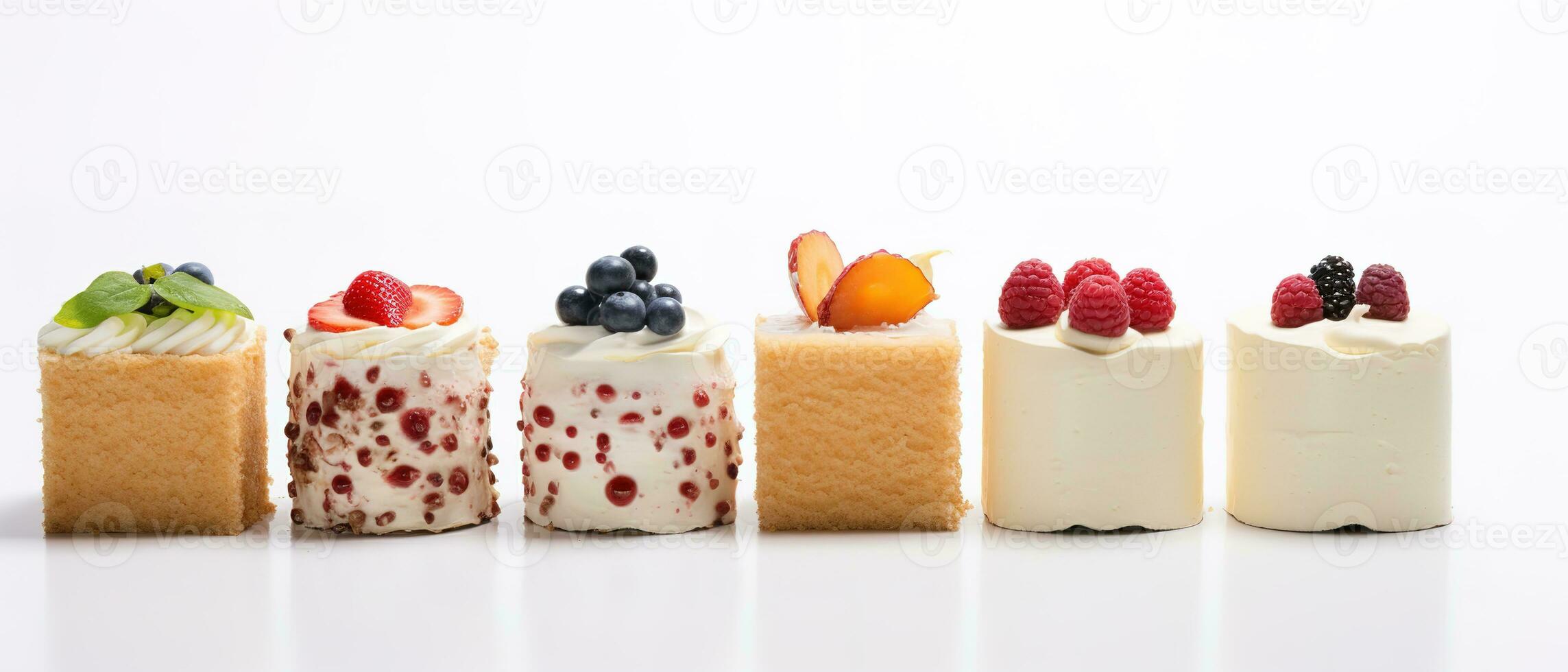 Set of delicious cakes. Small sweet cakes isolated on white background. Bakery products. Banner design. Generative AI photo