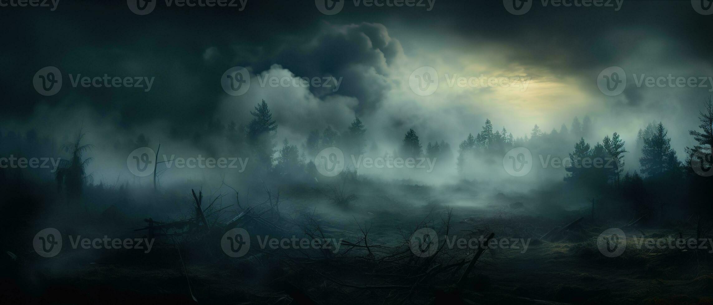 Smoke and mist in the darkness background, Defocused and abstract Halloween backdrop. Generative AI photo