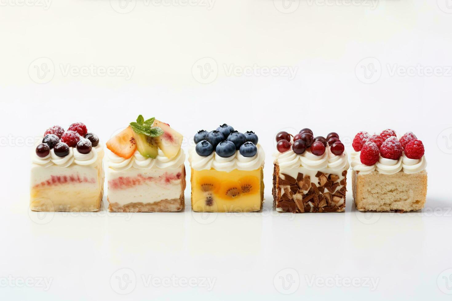 Set of delicious cakes. Small sweet cakes isolated on white background. Bakery products. Banner design. Generative AI photo
