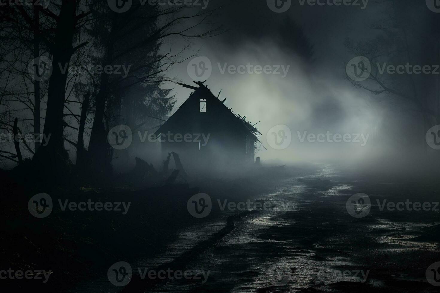 Smoke and mist in the darkness background, Defocused and abstract Halloween backdrop. Generative AI photo