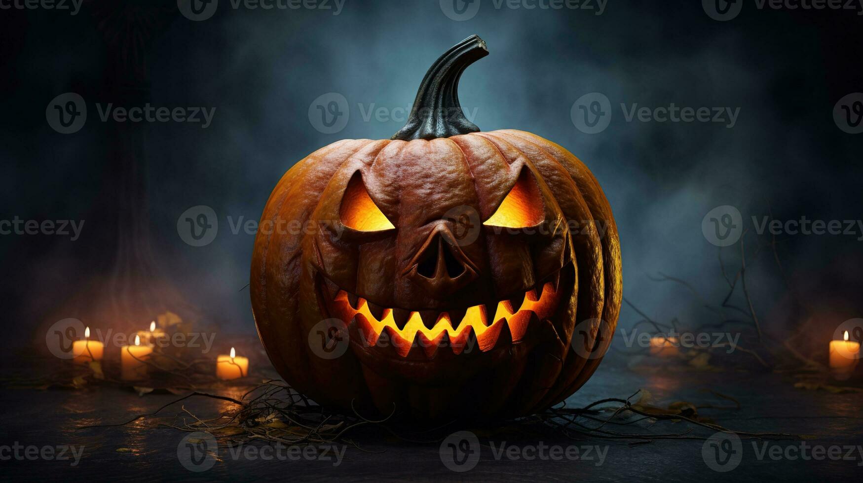 Halloween pumpkin head jack-o-lantern on dark background. Generative AI photo