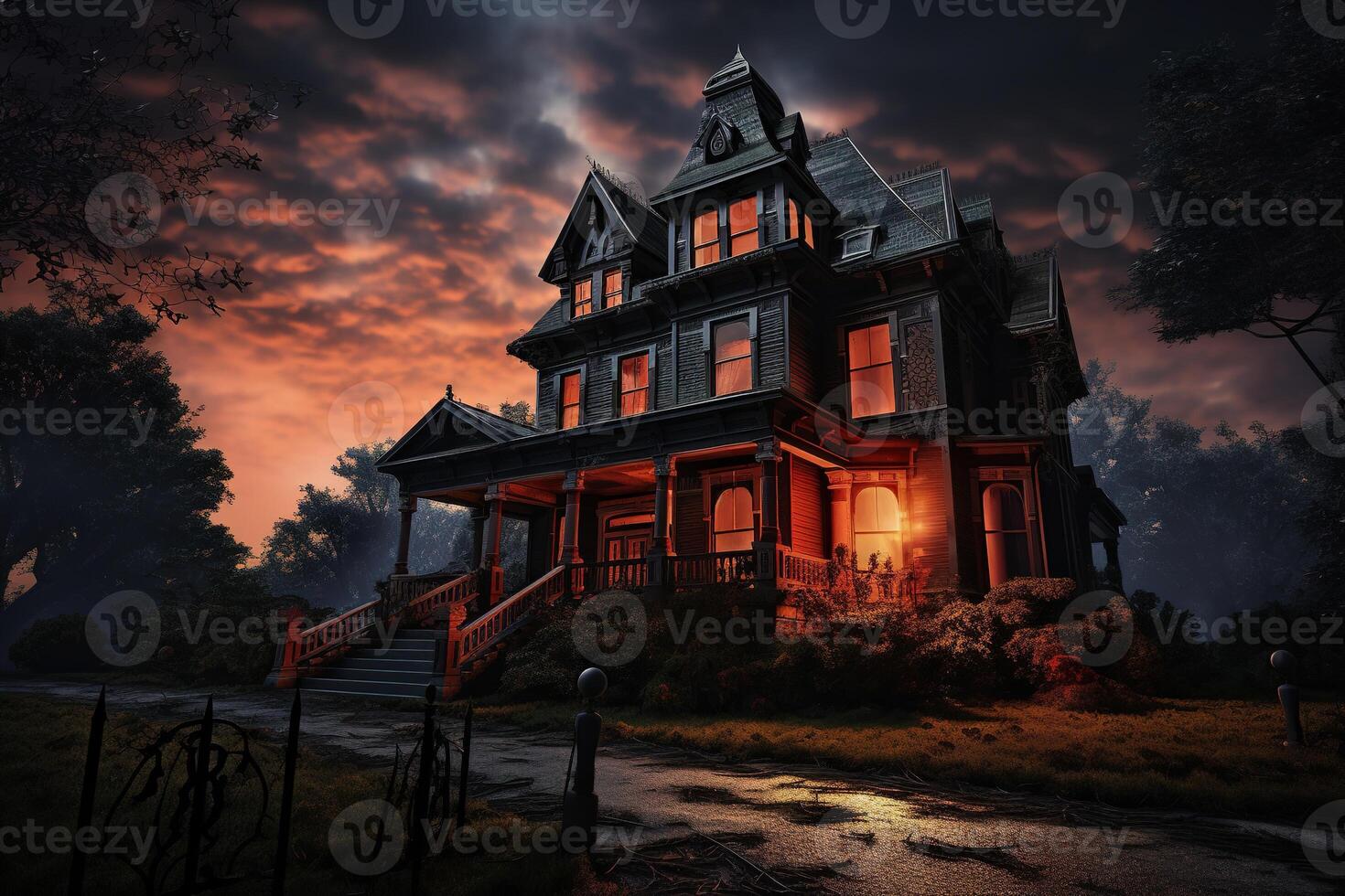 Spooky Victorian house designed for Halloween in the United States. Halloween Background. photo