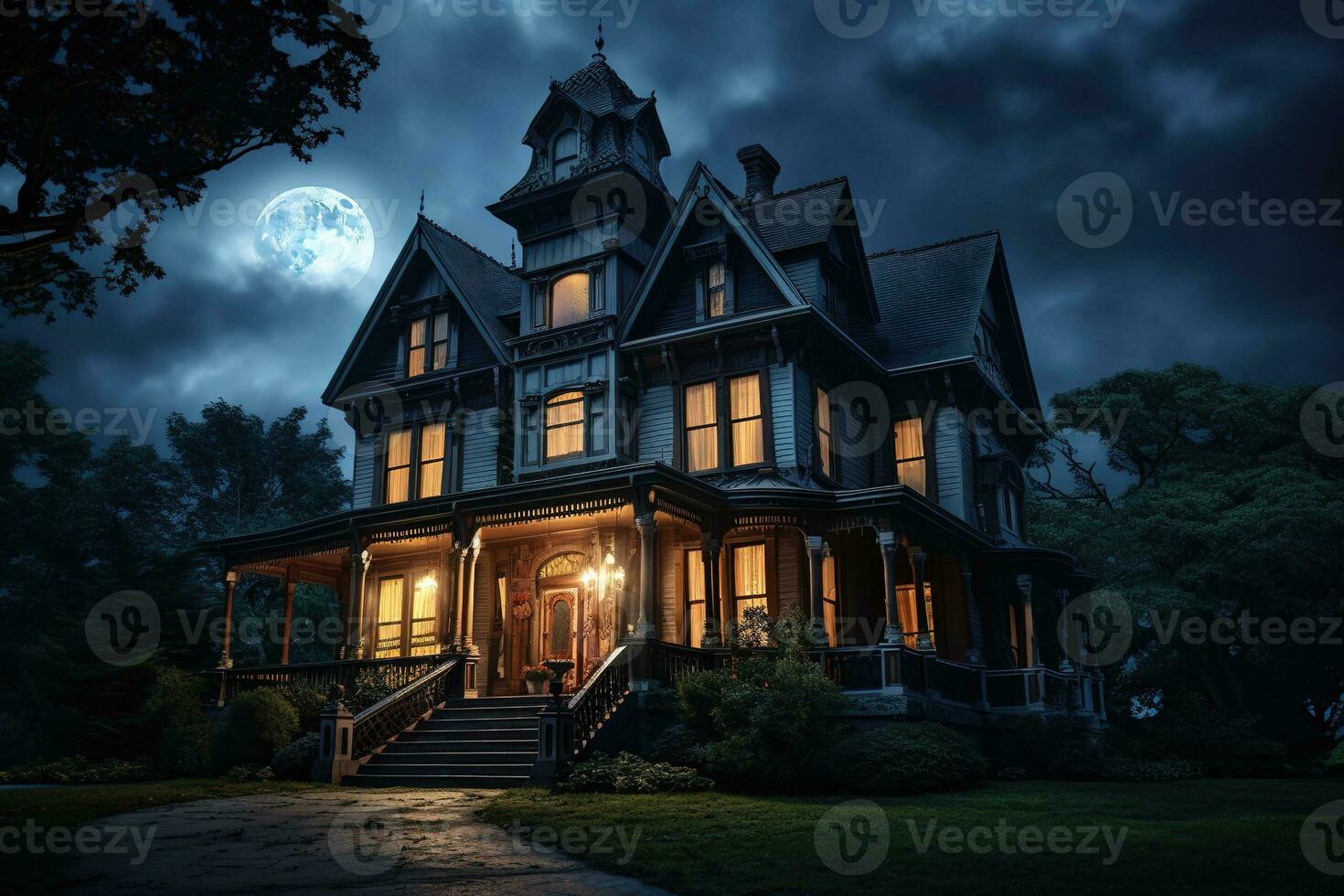 Spooky Victorian house designed for Halloween in the United States. Halloween Background. Generative AI photo