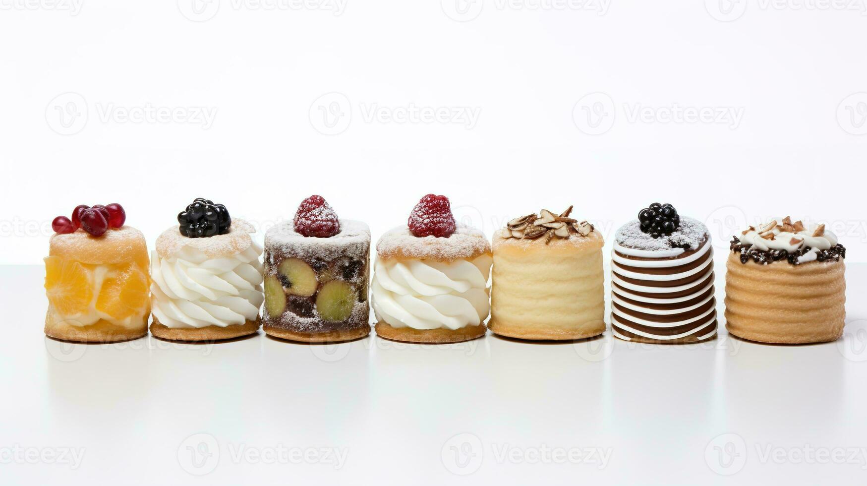 Set of delicious cakes. Small sweet cakes isolated on white background. Bakery products. Banner design. Generative AI photo