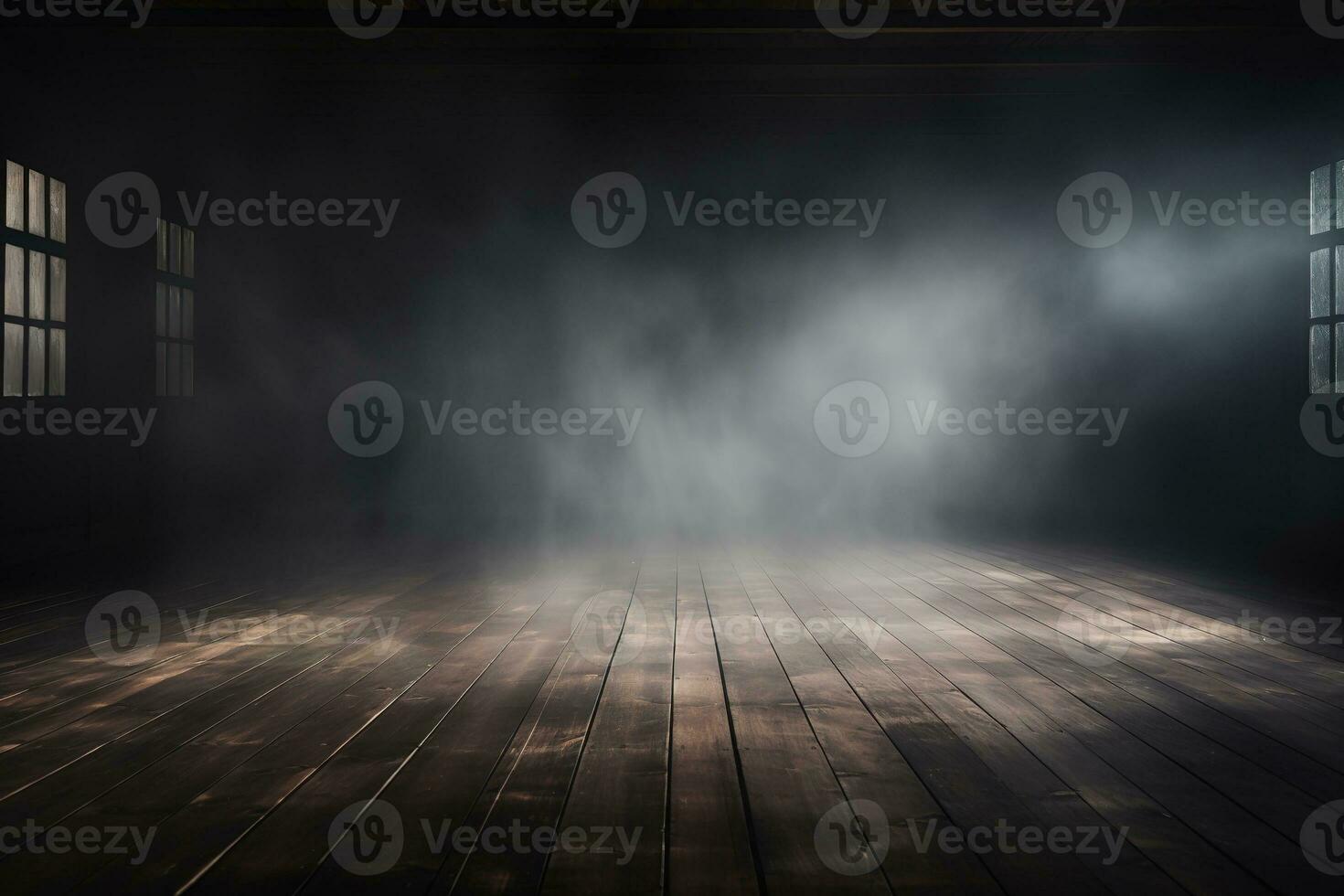 Defocused background of fog in darkness, smoke, and mist on a wooden floor. Abstract and moody Halloween backdrop. Generative AI photo