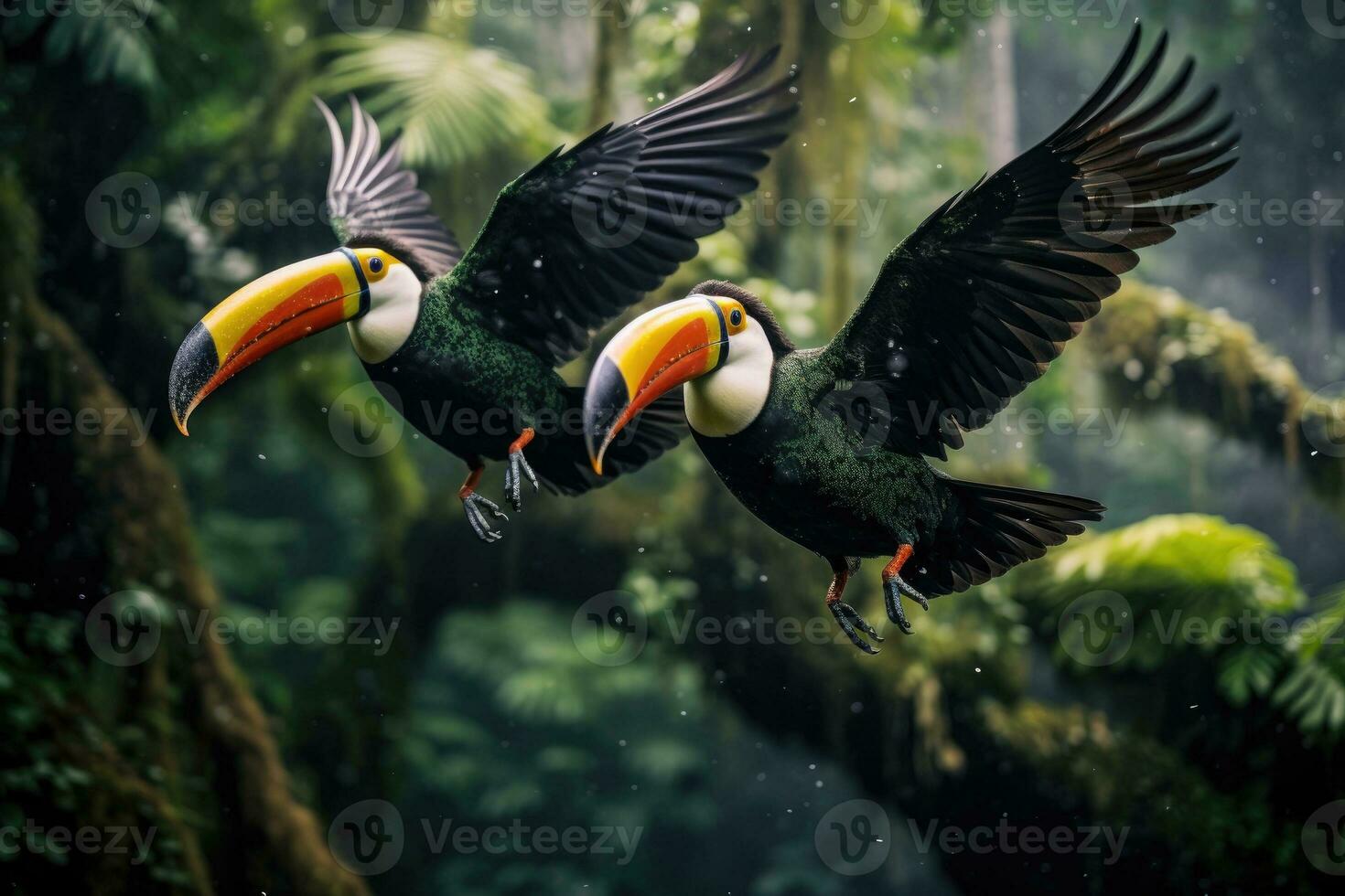 Close-up of two toucan flying outdoors photo