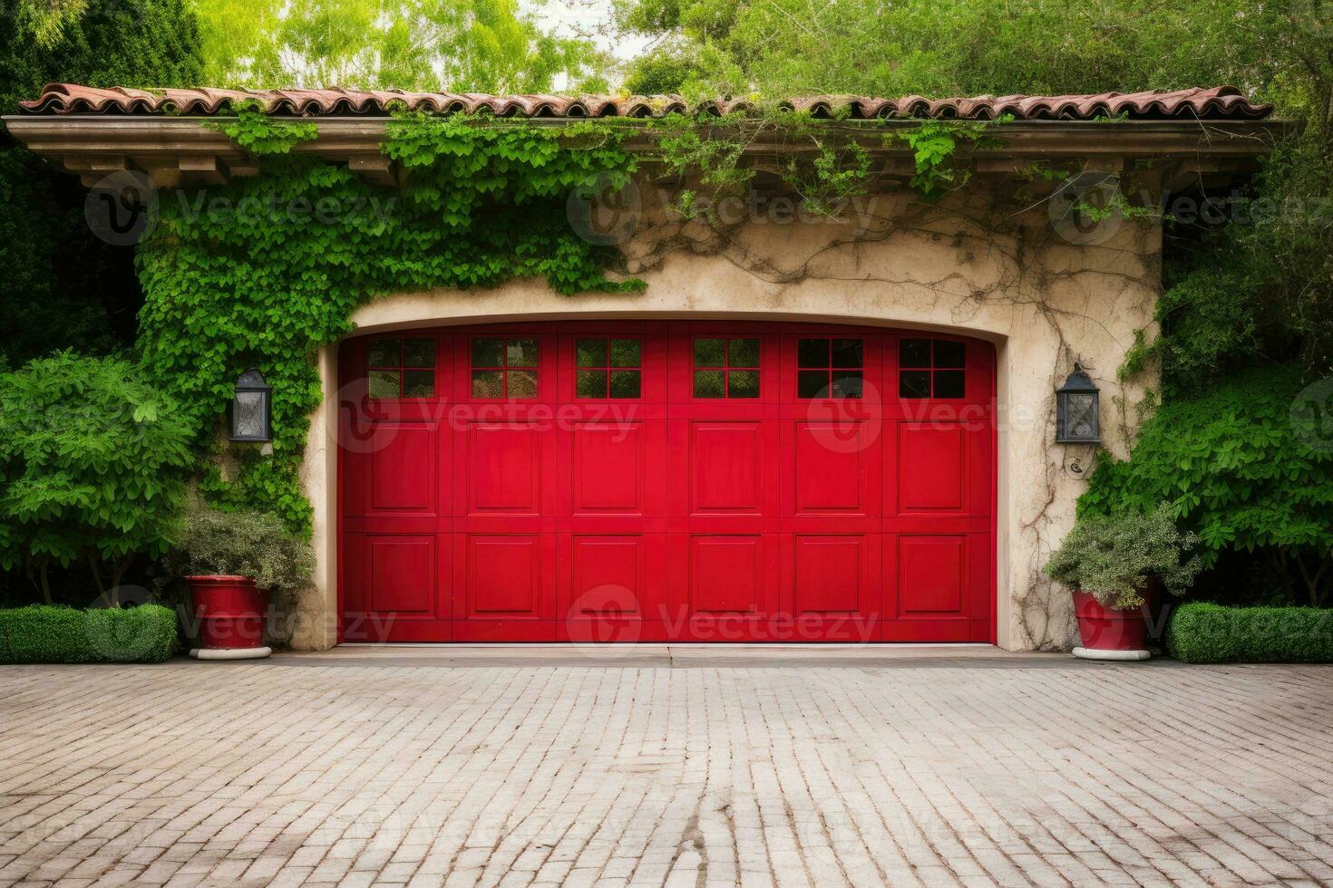 rojo garaje puerta con un entrada de coches en frente. foto