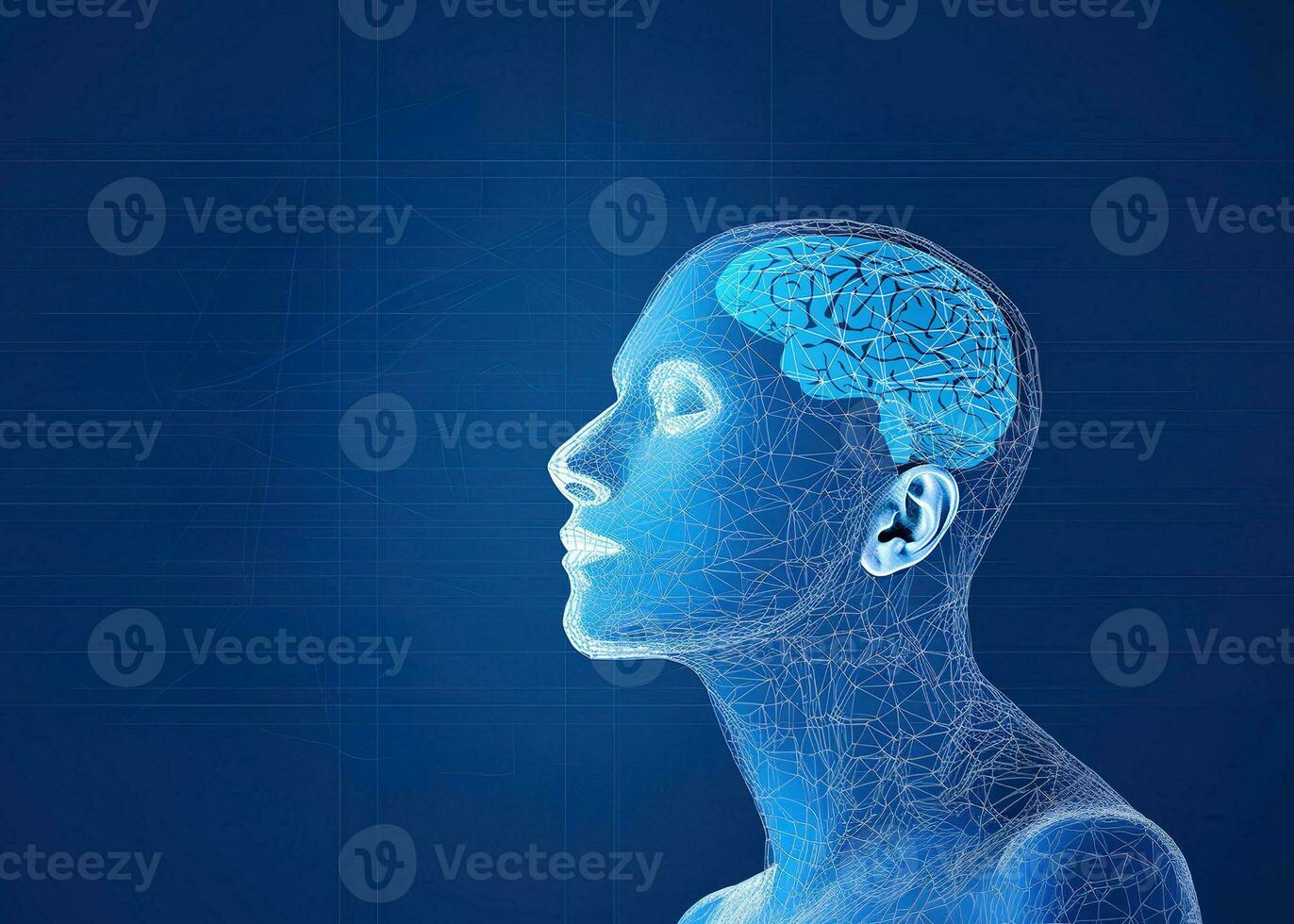 Human head wireframe with brain illustration. Generative AI. photo