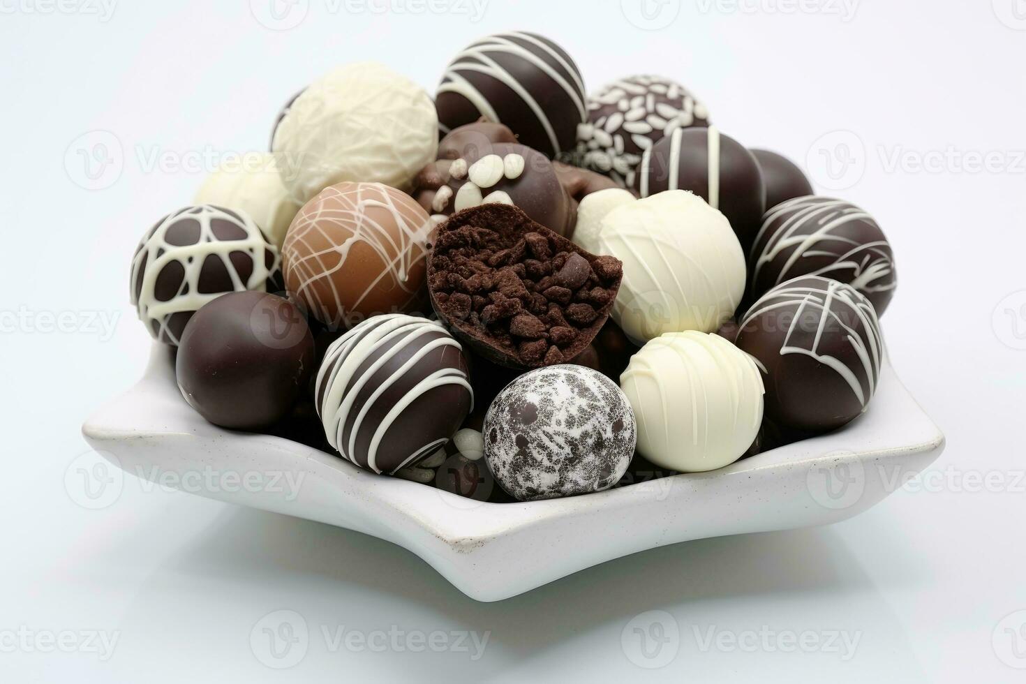 Dark, milk and white chocolate candies pralines. Dessert for Valentine's Day. photo