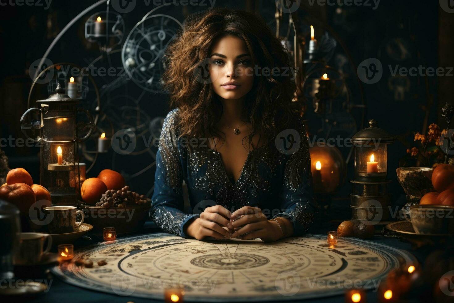 Beautiful smiling astrologer with zodiac signs on table photo