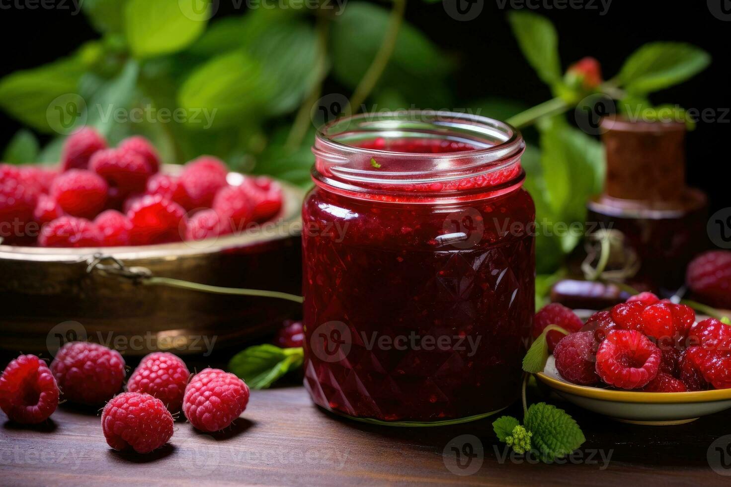 Raspberry jam and fresh raspberries photo