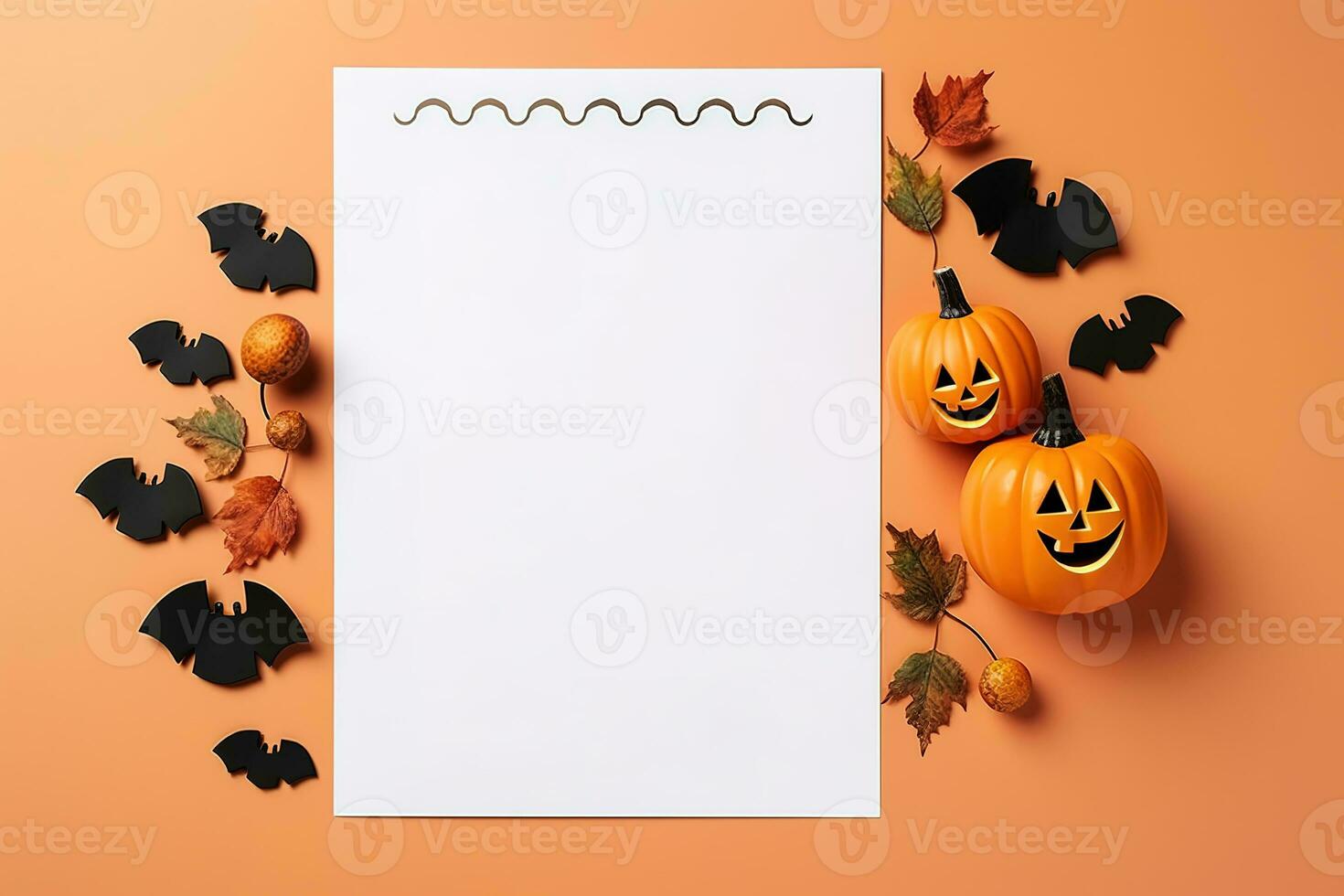 Blank paper sheet with Halloween decorations on pastel background. Greeting card, invitation mockup. Place for inscription. Pumpkin. Modern Minimal business template. top view. Generative AI photo