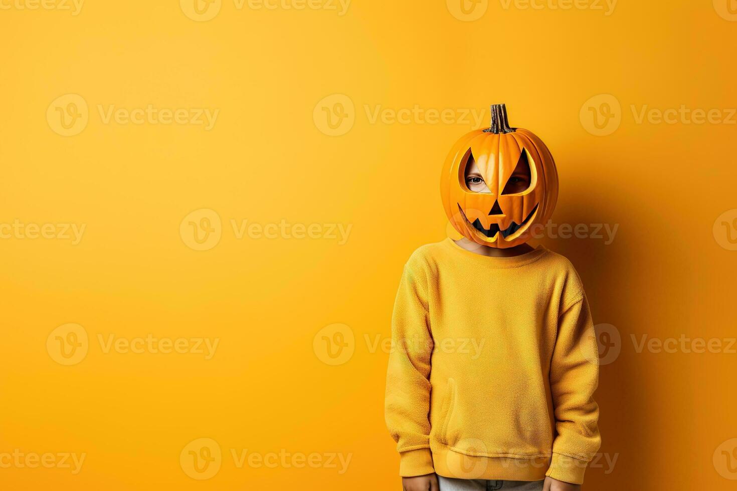 Portrait of a kid with pumpkin head. Funny kid standing isolated on a yellow background, holding a carved orange pumpkin and hiding his face behind it. Halloween concept. Generative AI photo