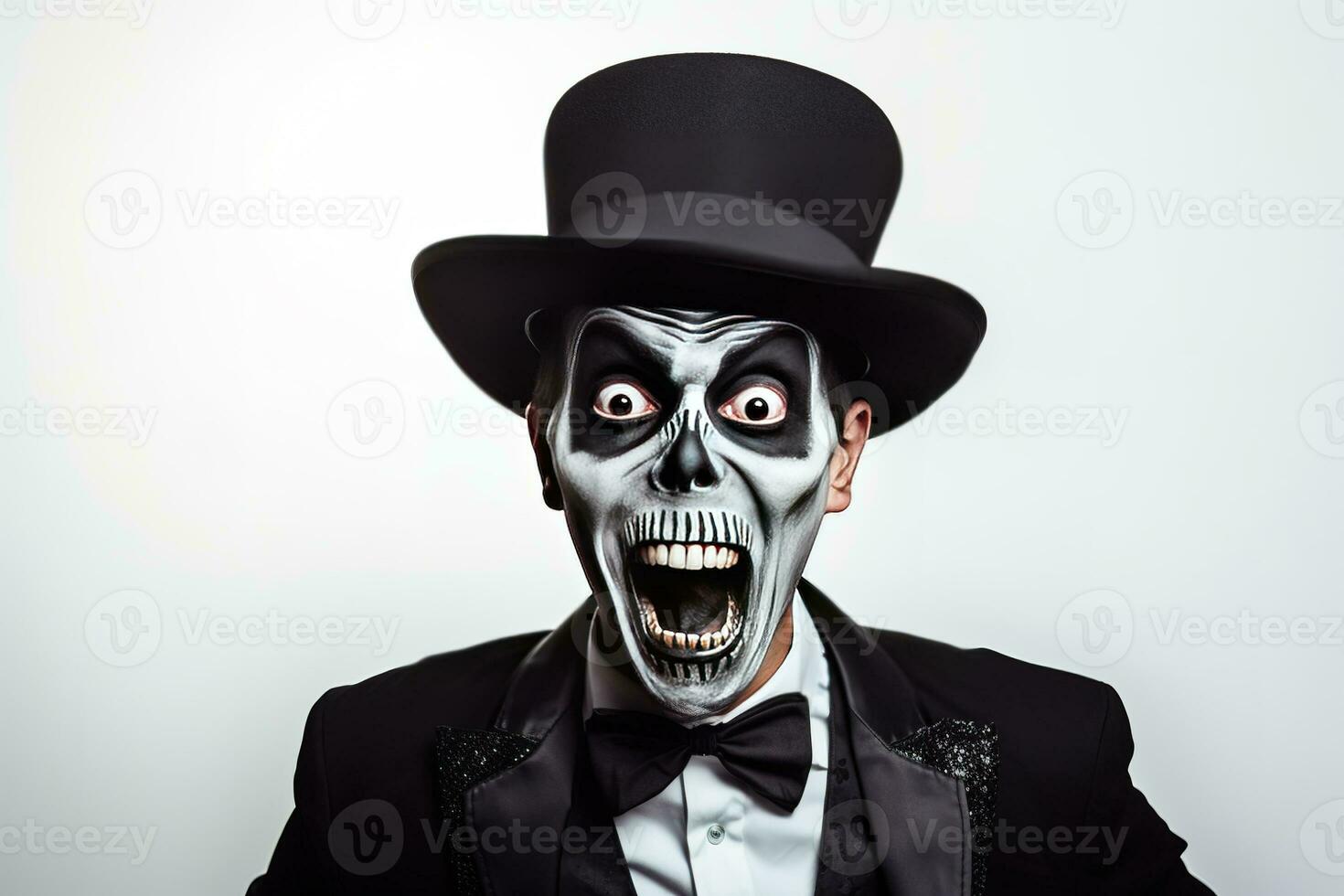 A shocked man in Halloween make-up and costume grabs his face in fright. Man in black hat, suit and skull make-up opens his eyes and mouth wide in fear on white background. Generative AI photo