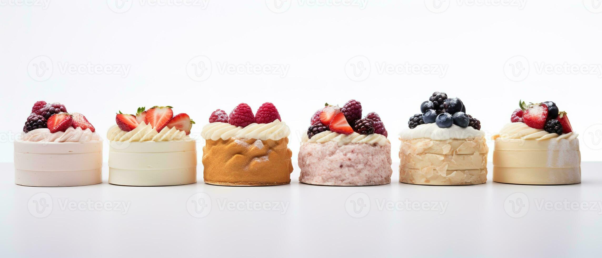 Set of delicious cakes. Small sweet cakes isolated on white background. Bakery products. Banner design. Generative AI photo