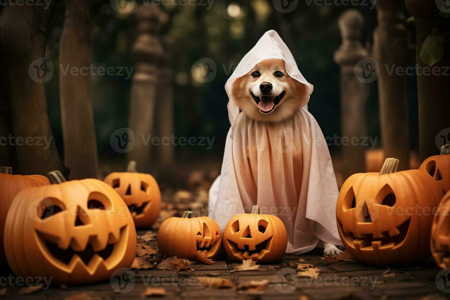 Dog wearing a ghost costume sitting between pumpkins for Halloween in Autumn background. Generative AI photo