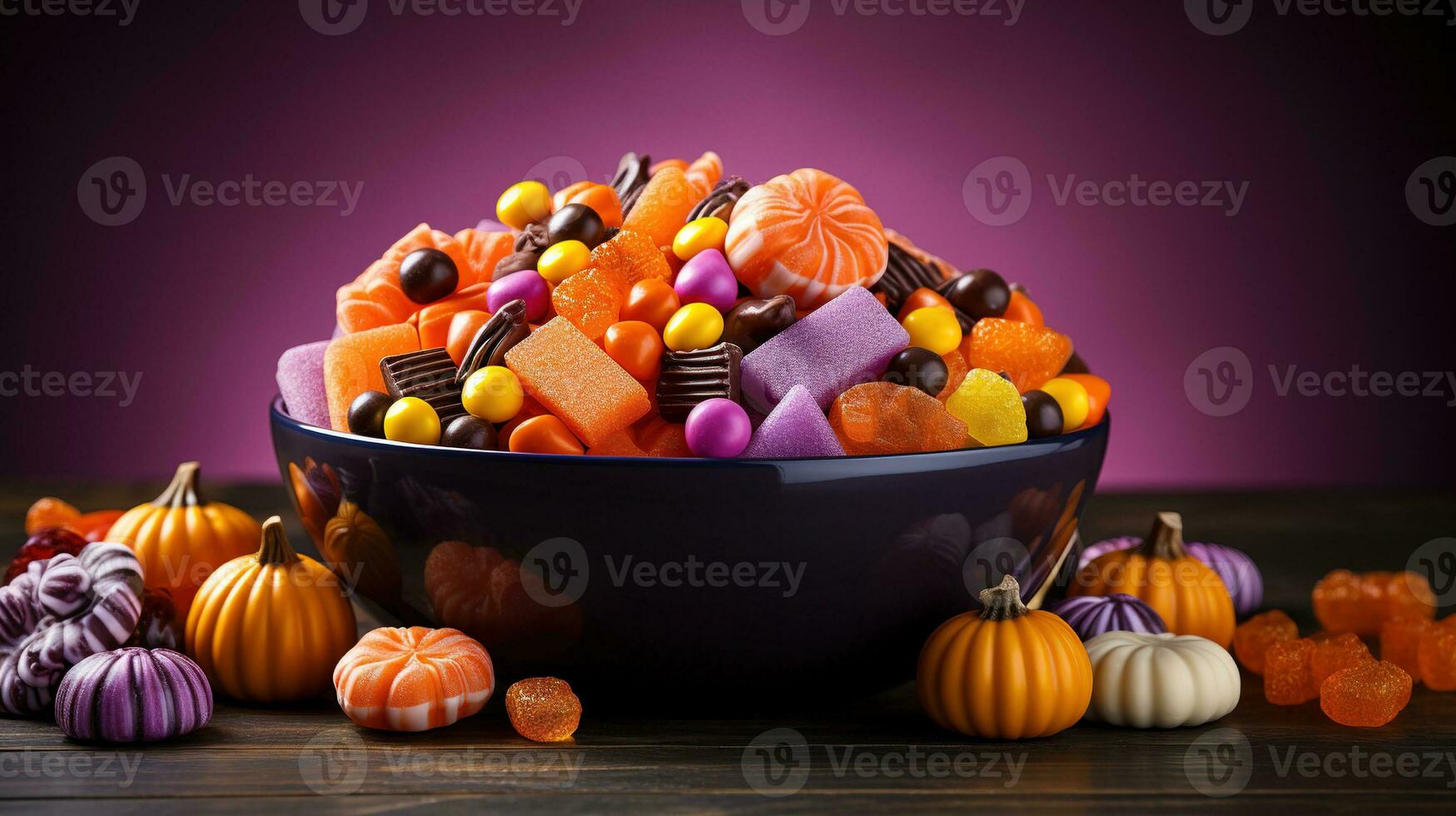 Halloween decorations pumpkin basket with candies on isolated violet background with copyspace. Halloween concept. Generative AI photo