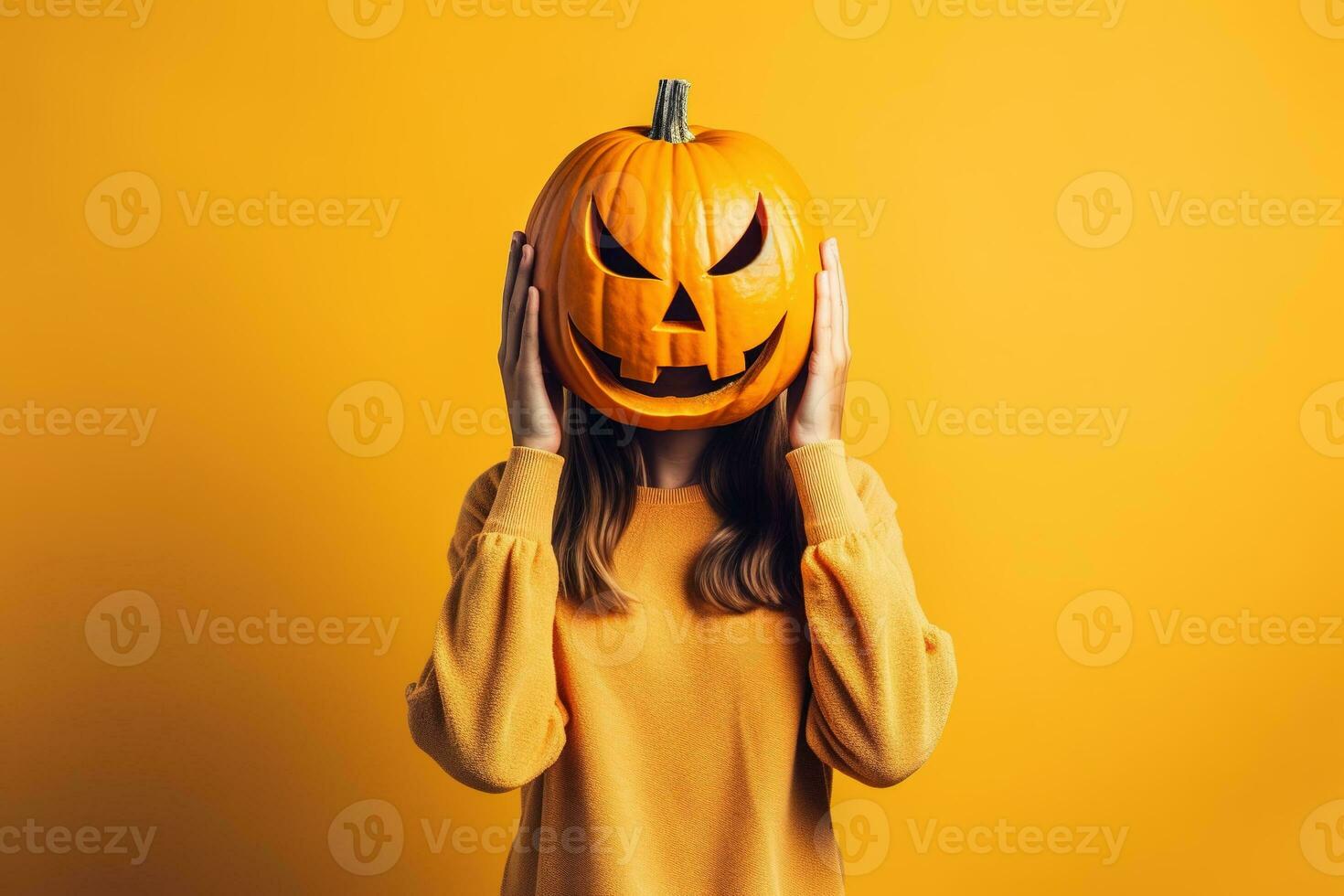 Portrait of a woman with pumpkin head. Funny young girl standing isolated on a yellow background, holding a carved orange pumpkin and hiding her face behind it. Halloween concept. Generative AI photo