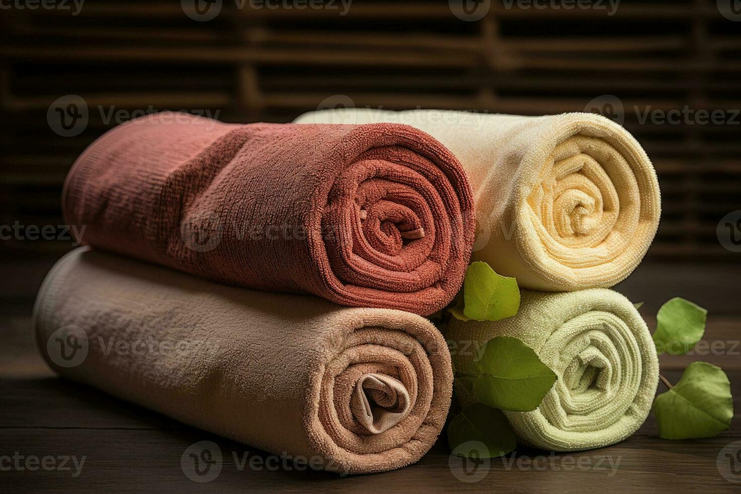 Rolled and prepared towels for guest use. photo