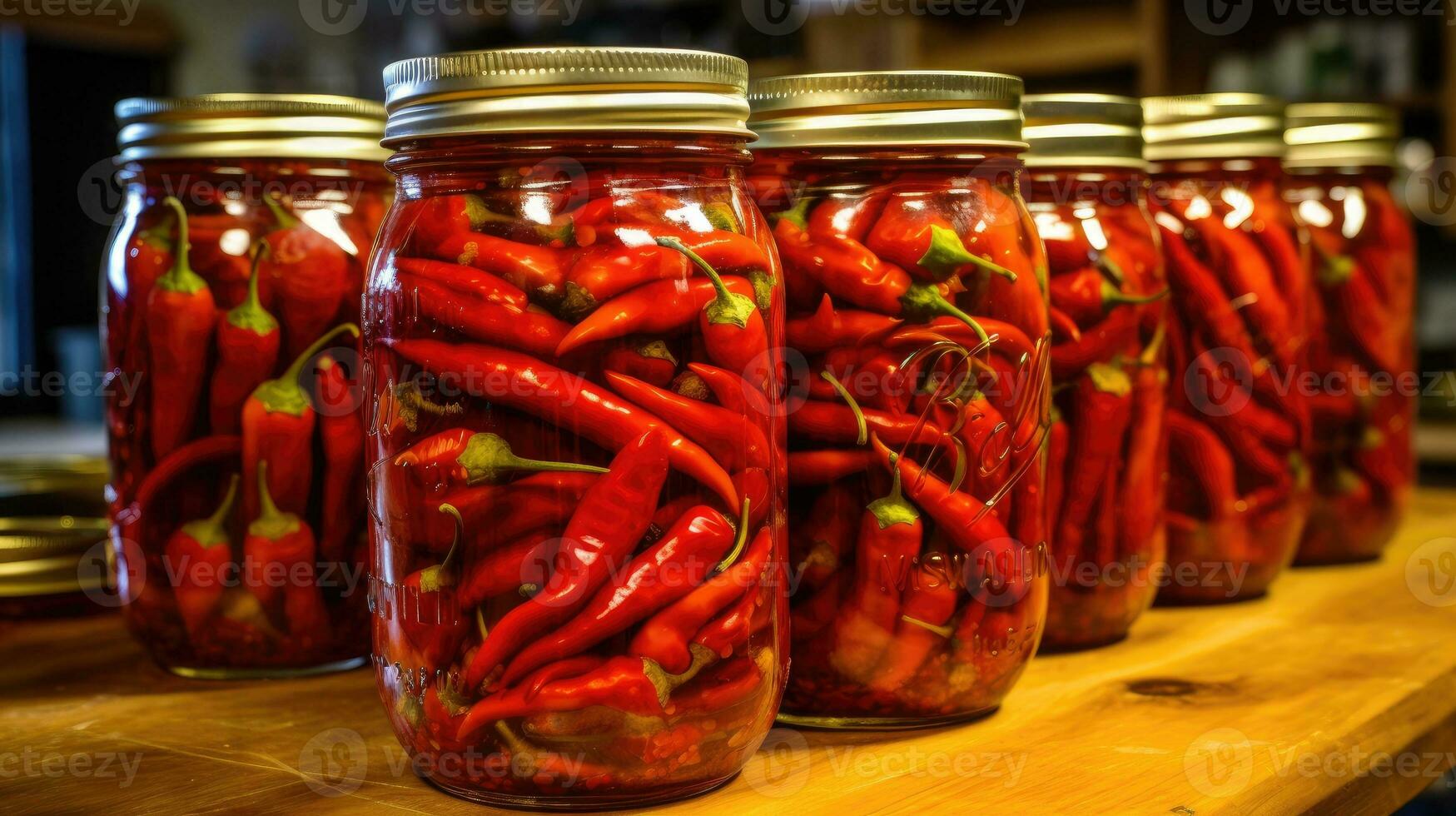 Sterilized chili peppers in a jar. Generative AI photo