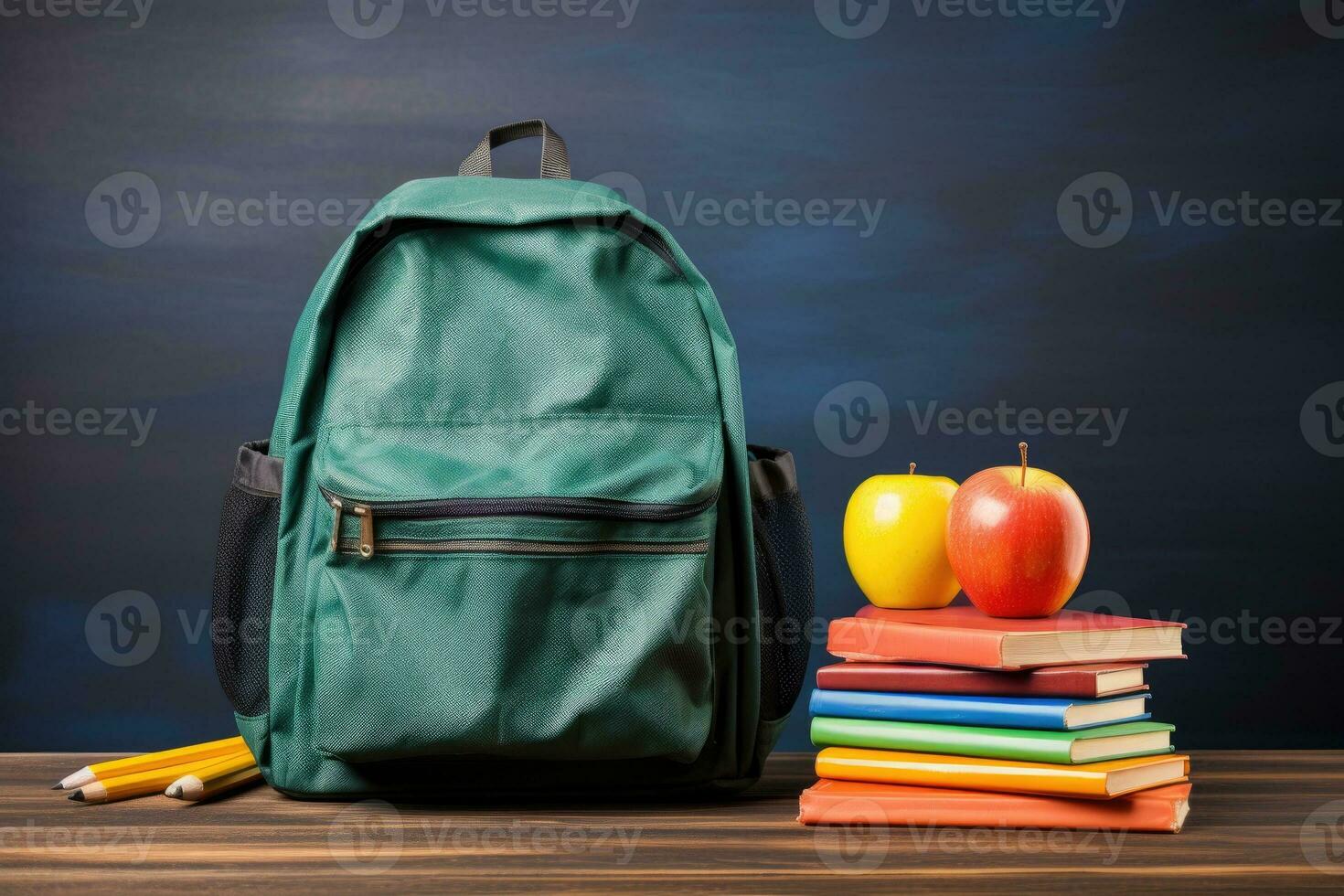 School bag and textbooks in front of a blackboard on a school desk. Back to school concept. photo