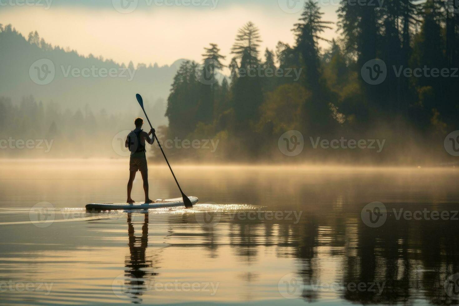 A man engages in stand-up paddleboarding on a serene lake photo